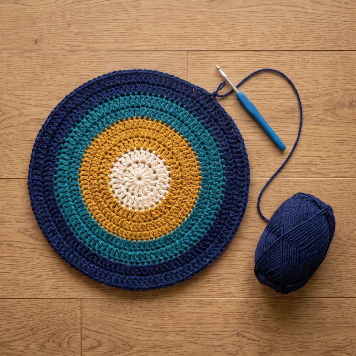 Crochet Mandala Blanket Pattern PDF | Boho Afghan / Throw, Navy Teal & Mustard, Overlay Rounds | Download