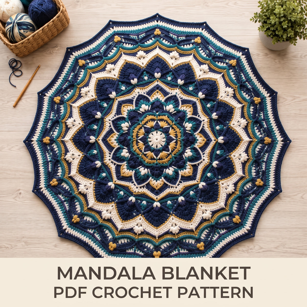 Crochet Mandala Blanket Pattern PDF | Boho Afghan / Throw, Navy Teal & Mustard, Overlay Rounds | Download
