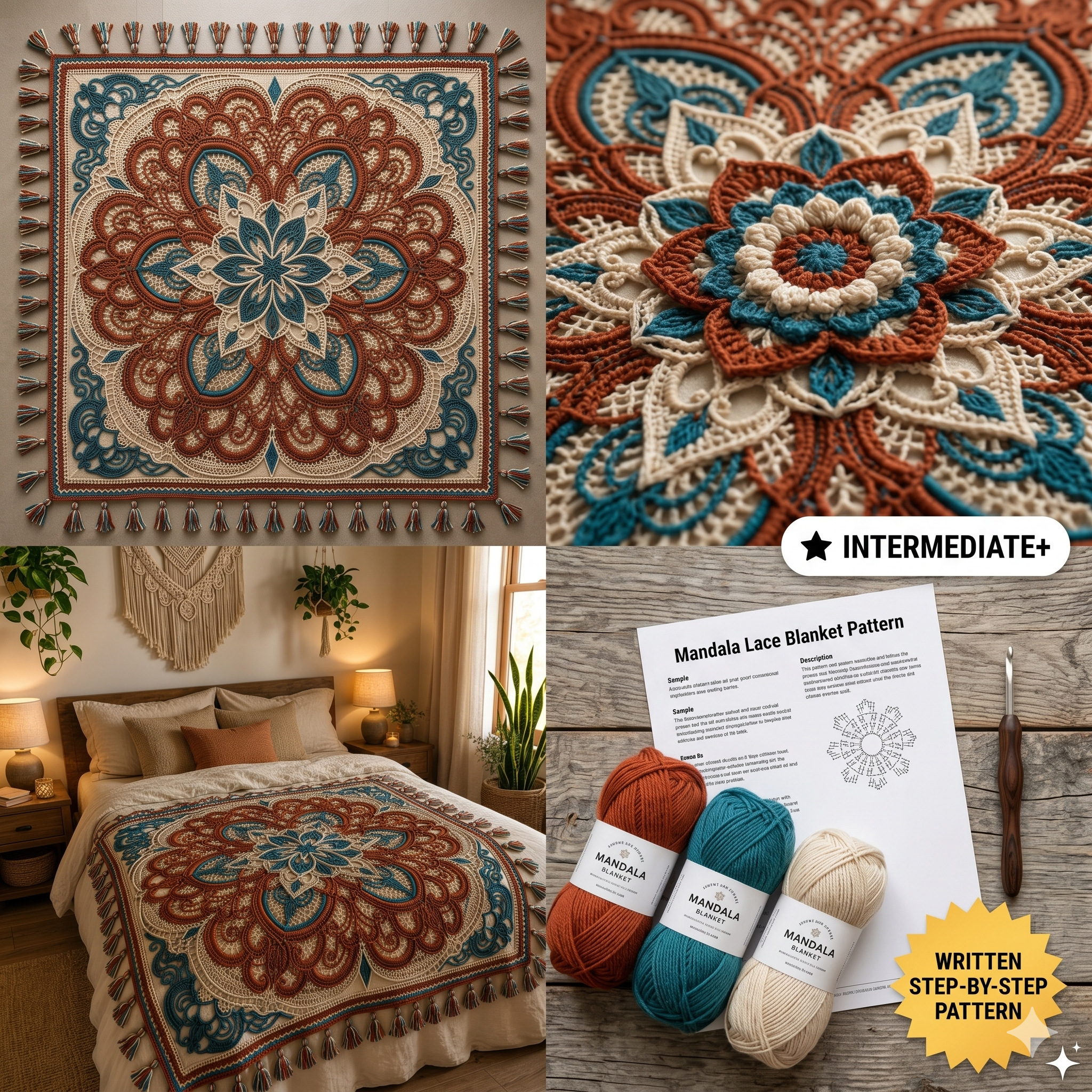 Crochet Mandala Lace Blanket Pattern | Boho Floral Afghan Throw (PDF Pattern)