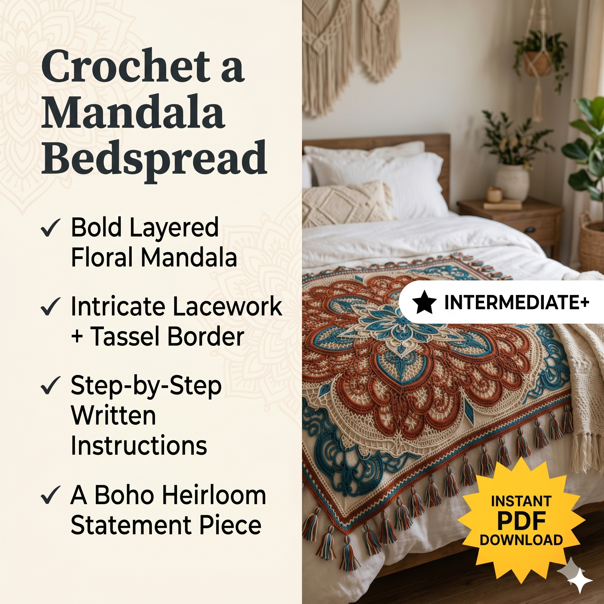 Crochet Mandala Lace Blanket Pattern | Boho Floral Afghan Throw (PDF Pattern)