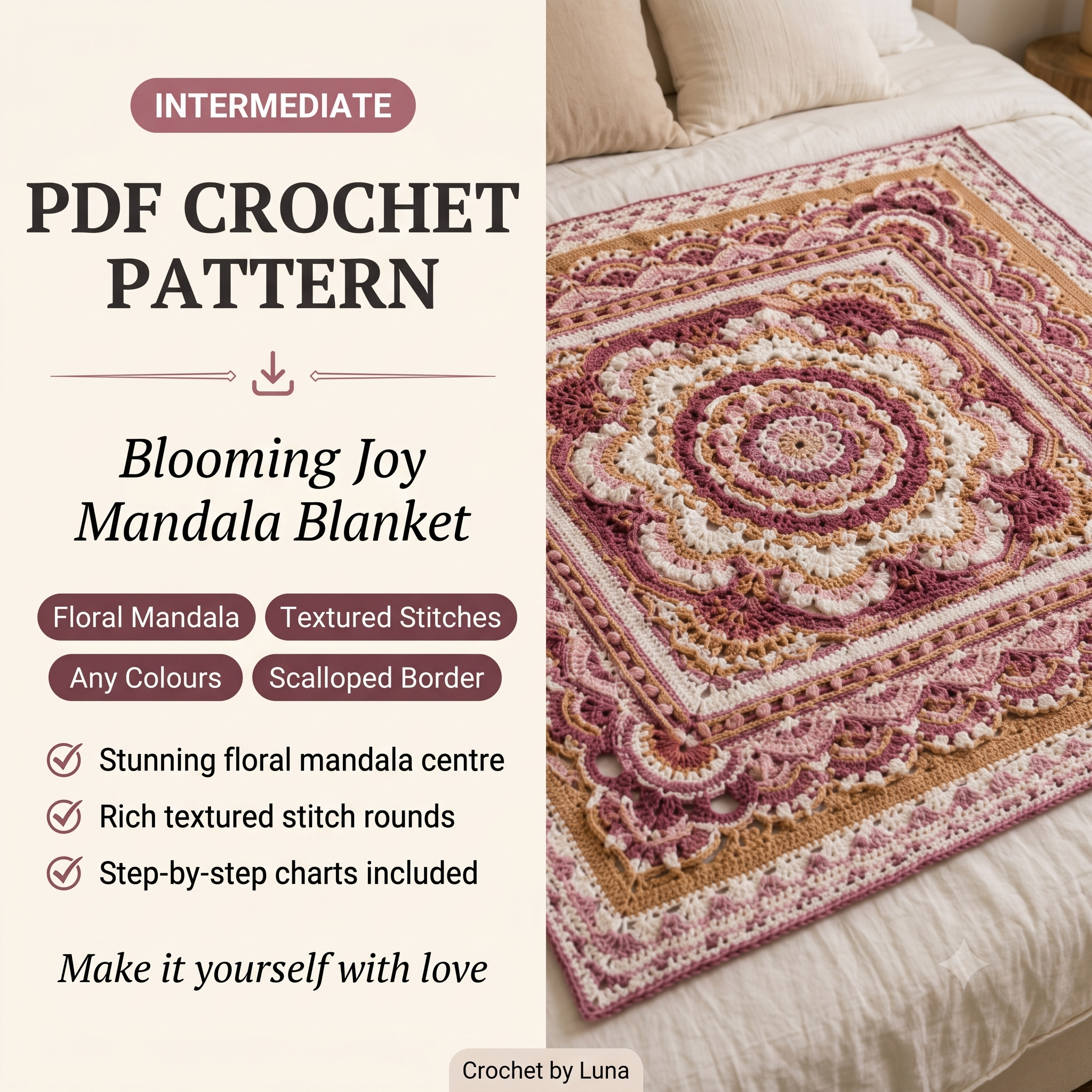 Blooming Joy Mandala Square — Crochet Pattern (PDF) | Floral Textured Afghan Block