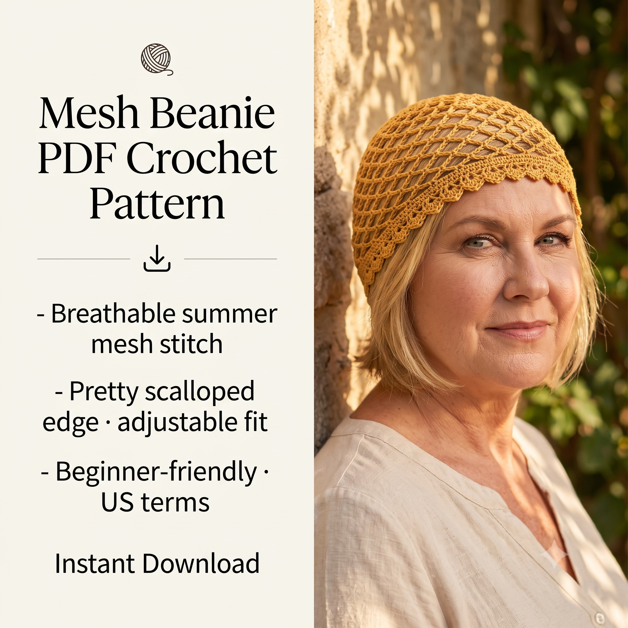 Mesh Beanie Crochet Pattern PDF, Summer Boho Hat, Easy Mesh Cap, Lightweight Cotton Beanie, Beginner Friendly, Bilingual EN/IT, US Terms