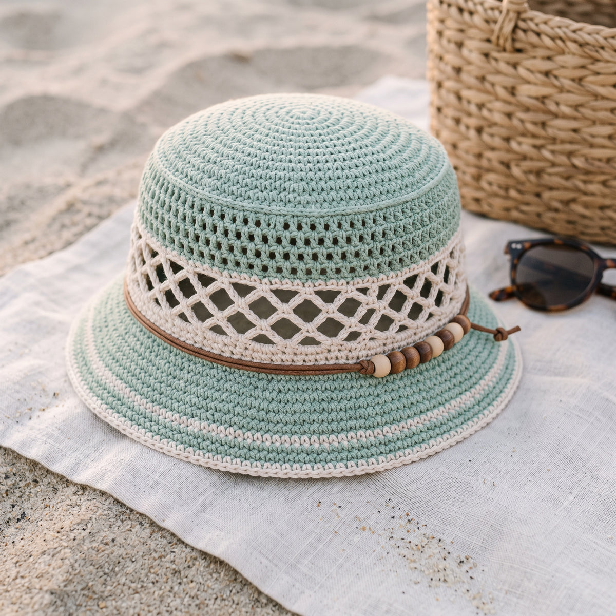 Crochet Bucket Hat Pattern PDF, Mesh Lattice Summer Bucket Hat, Mint and Cream Beach Hat, Beginner Crochet Pattern