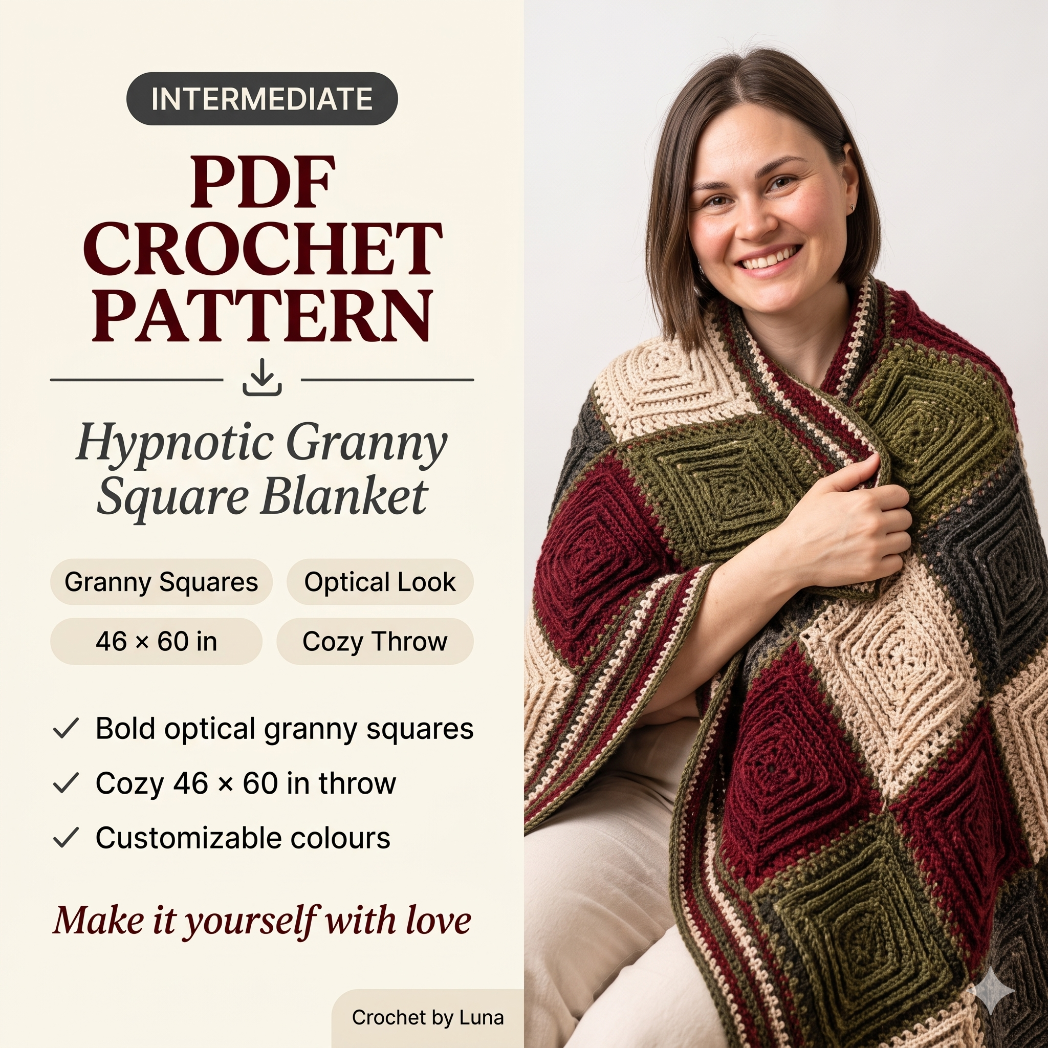 Granny Square Blanket Crochet Pattern PDF | Modern Hypnotic Throw Pattern, Geometric Optical Afghan, Intermediate, US Terms, Instant Download