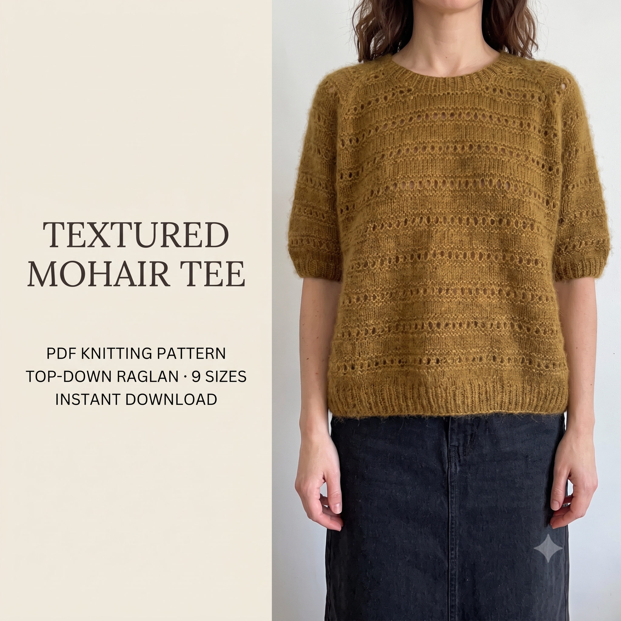Mohair Tee Knitting Pattern PDF | Top Down Raglan Short Sleeve Sweater | Textured Eyelet Knit | 9 Sizes | Instant Download