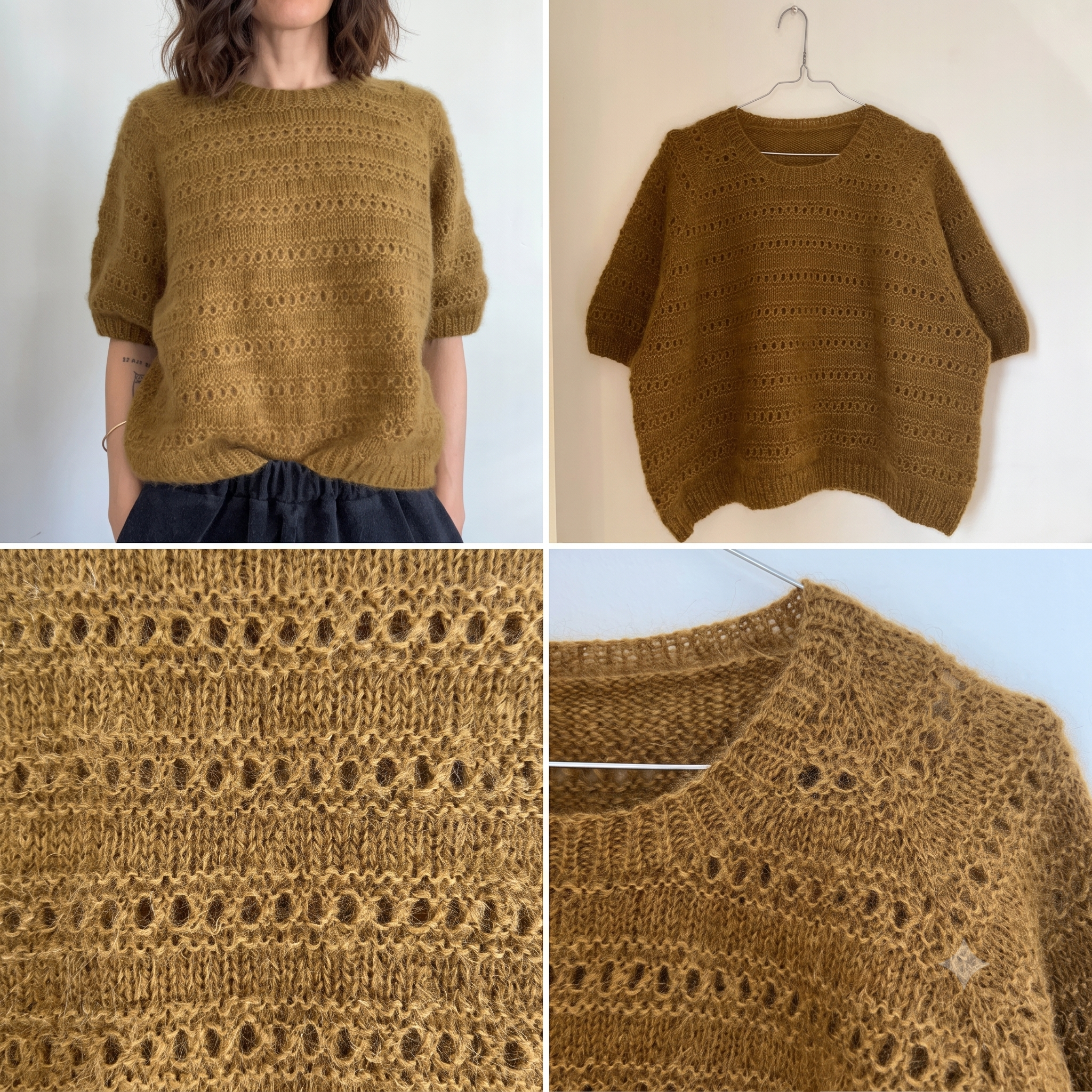 Mohair Tee Knitting Pattern PDF | Top Down Raglan Short Sleeve Sweater | Textured Eyelet Knit | 9 Sizes | Instant Download