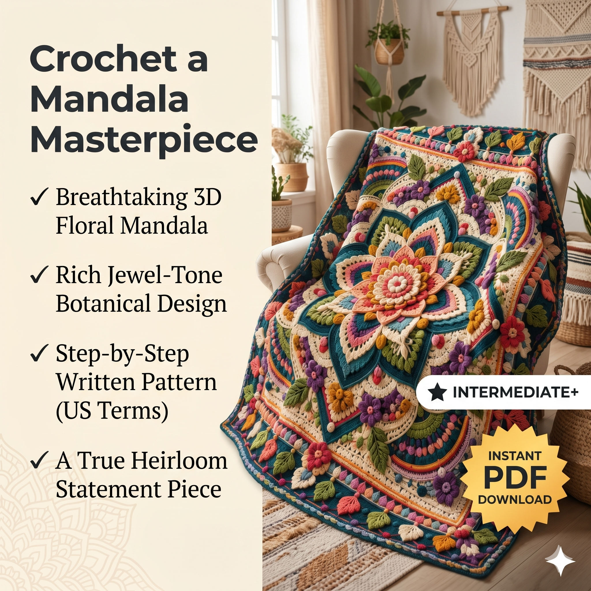 Mystic Mandala Crochet Blanket Pattern | Floral Boho Afghan Throw (PDF)