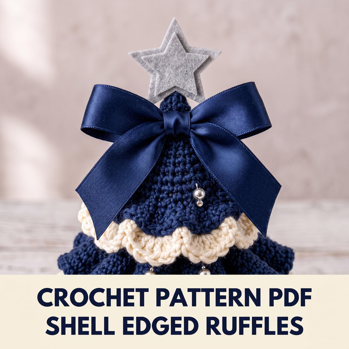 Navy Ruffle Christmas Tree Crochet Pattern PDF – 3 Sizes, Ivory Shell Edging, Felt Star Templates Included