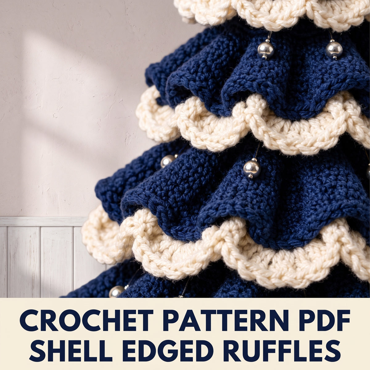 Navy Ruffle Christmas Tree Crochet Pattern PDF – 3 Sizes, Ivory Shell Edging, Felt Star Templates Included