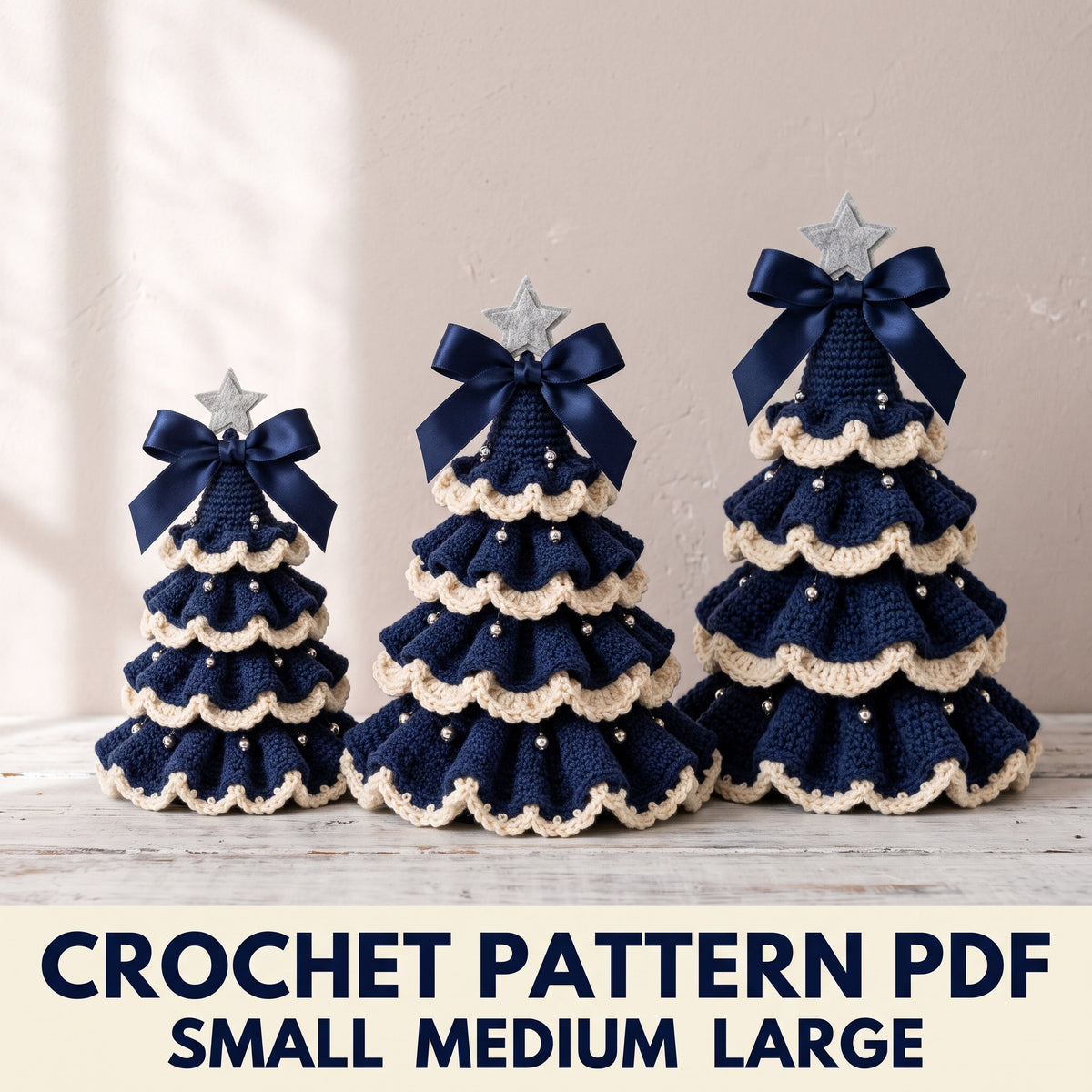 Navy Ruffle Christmas Tree Crochet Pattern PDF – 3 Sizes, Ivory Shell Edging, Felt Star Templates Included