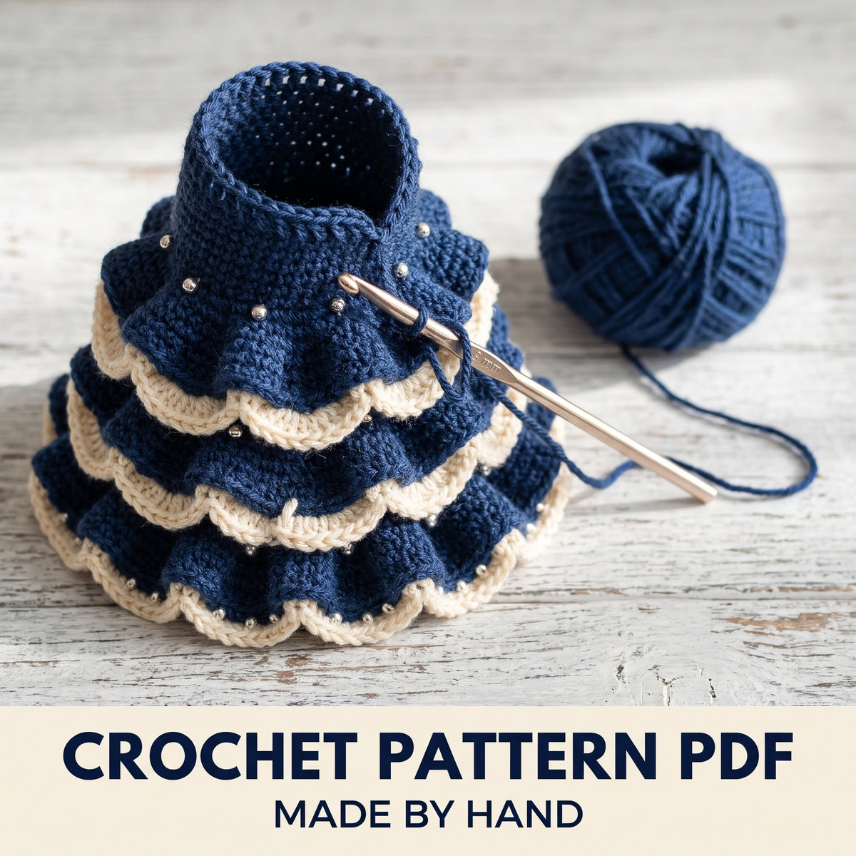 Navy Ruffle Christmas Tree Crochet Pattern PDF – 3 Sizes, Ivory Shell Edging, Felt Star Templates Included