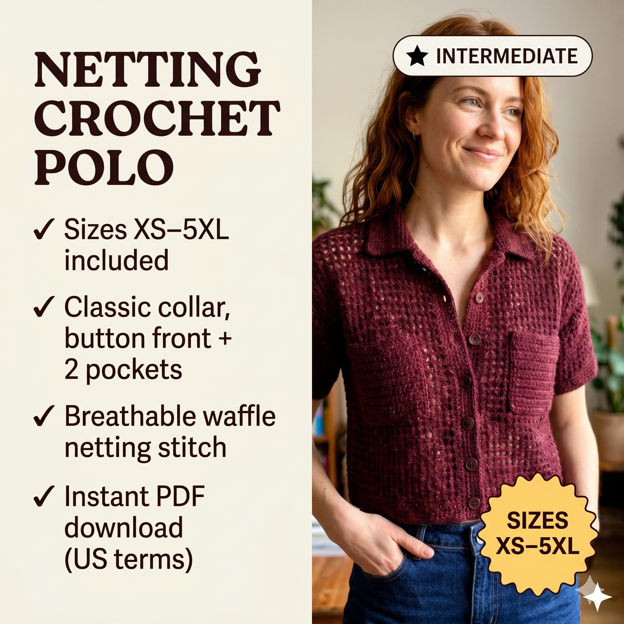 Netting Crochet Polo with Pockets Pattern PDF Download | Stylish Mesh Crochet Top