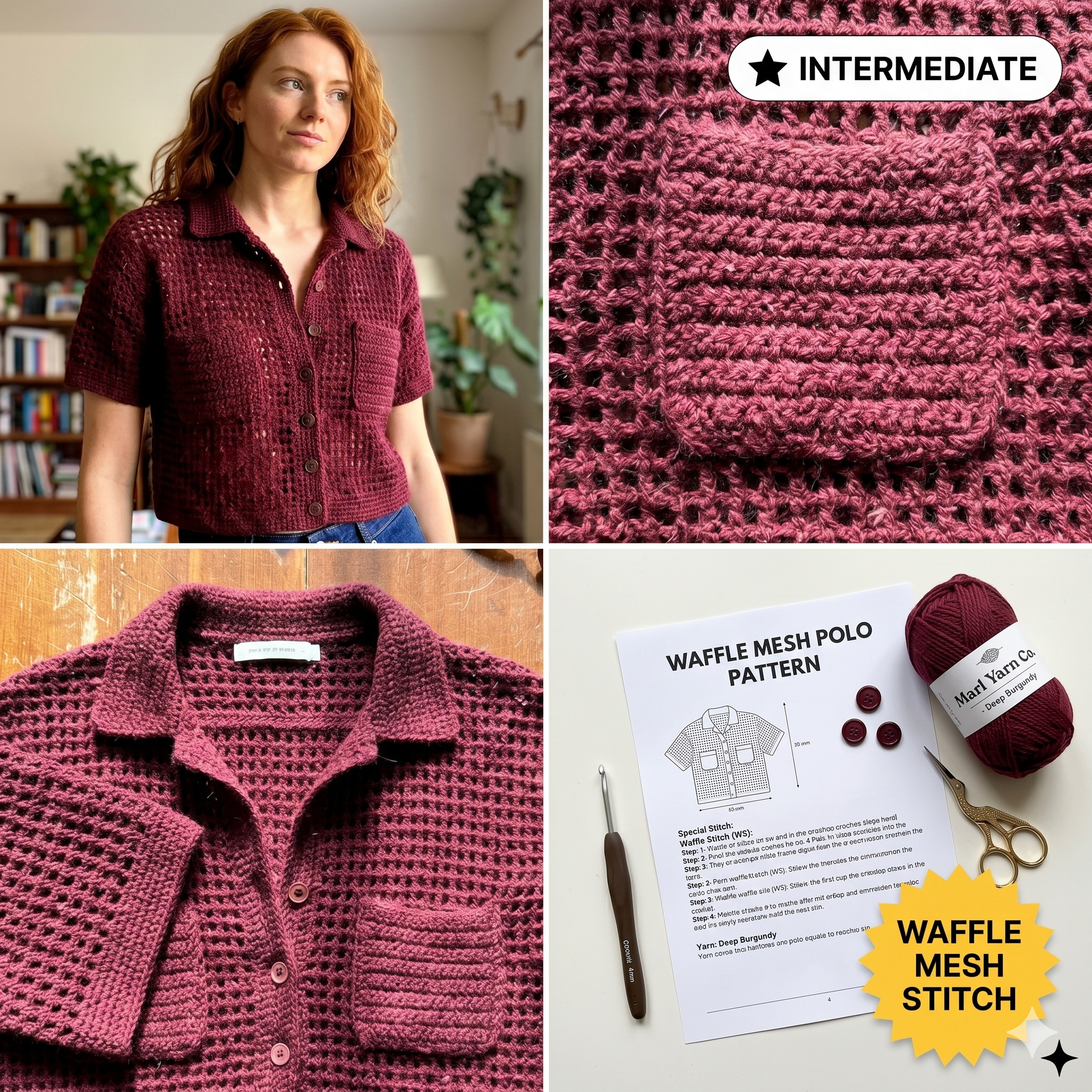 Netting Crochet Polo with Pockets Pattern PDF Download | Stylish Mesh Crochet Top