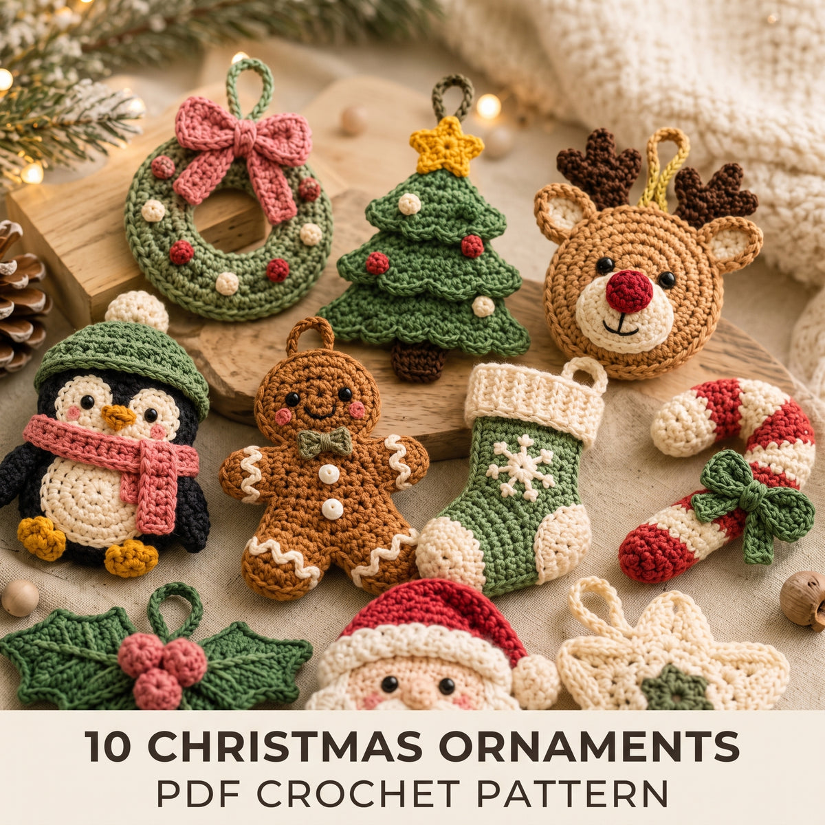 Christmas Ornament Crochet Pattern PDF | 10 Designs โ Santa, Reindeer, Tree, Snowflake | US Terms