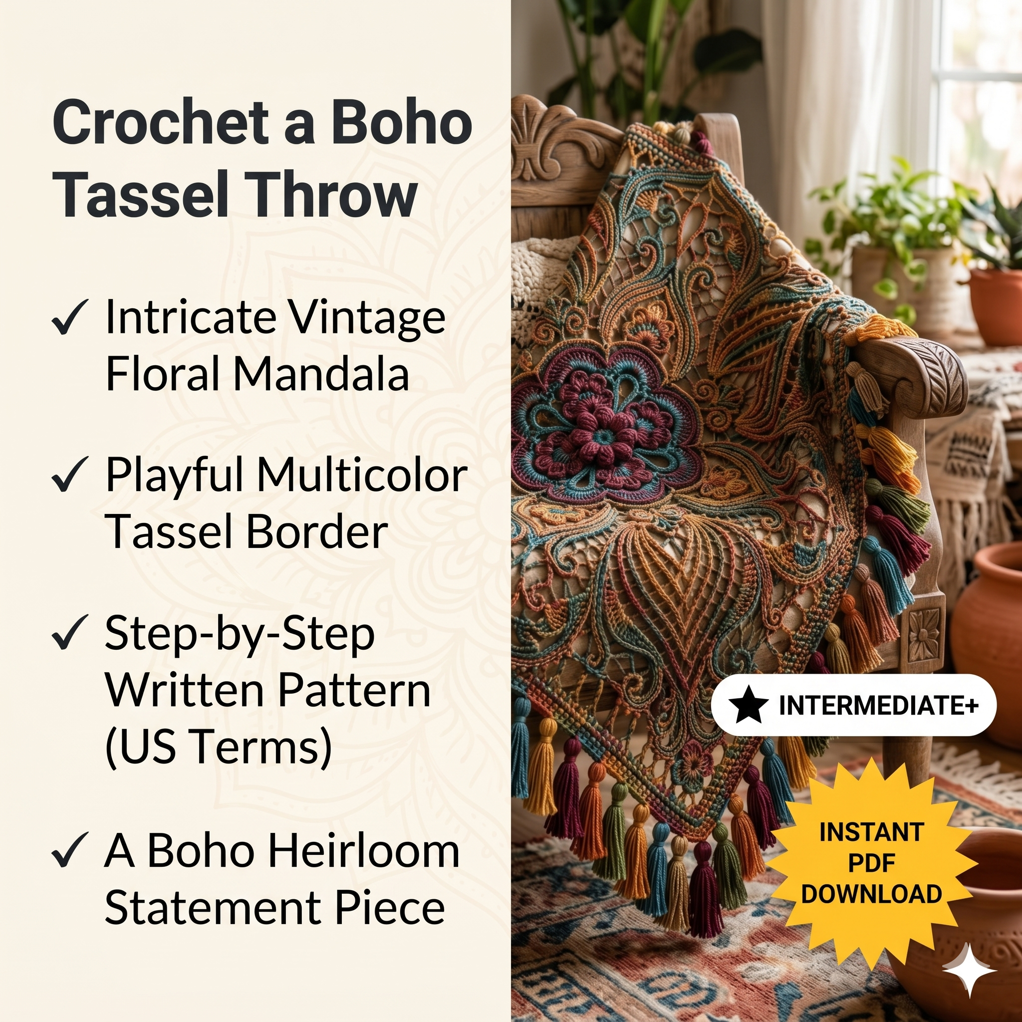 Ornate Tassel Crochet Blanket Pattern | Vintage Boho Floral Mandala Throw (PDF Pattern)