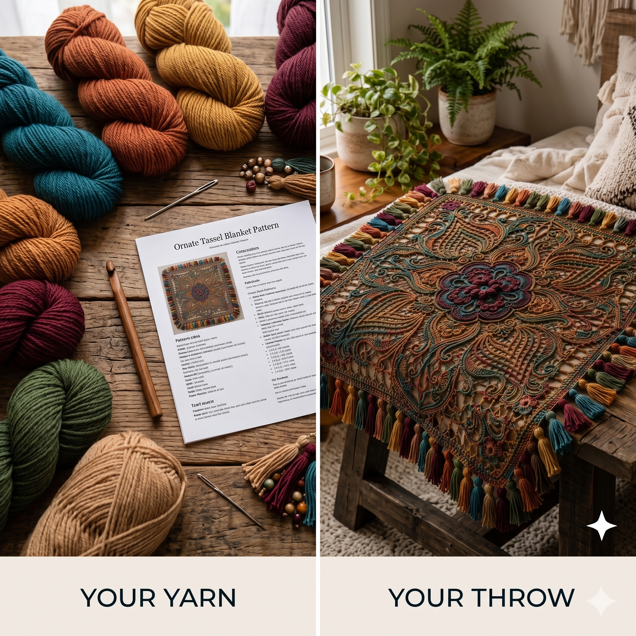 Ornate Tassel Crochet Blanket Pattern | Vintage Boho Floral Mandala Throw (PDF Pattern)