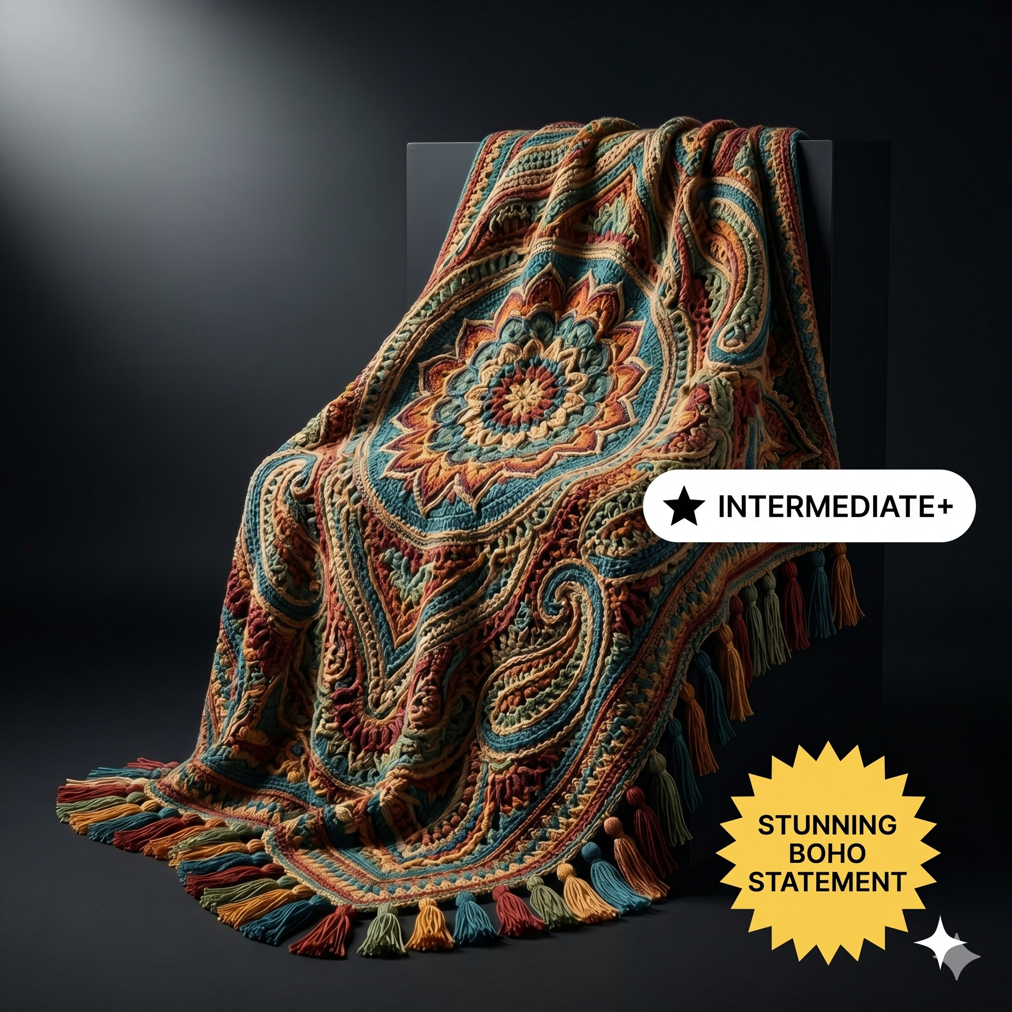 Ornate Tassel Crochet Blanket Pattern | Vintage Boho Floral Mandala Throw (PDF Pattern)