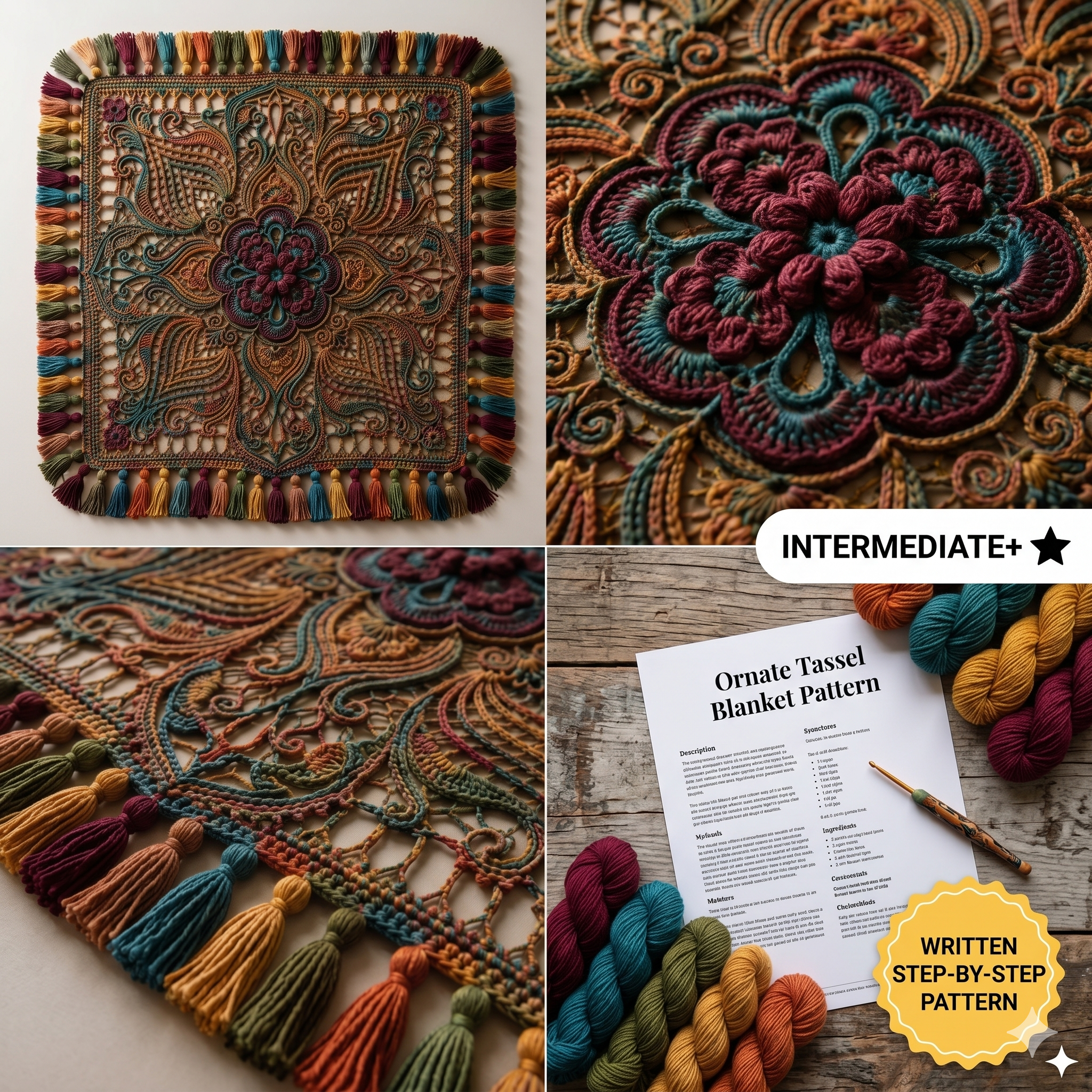 Ornate Tassel Crochet Blanket Pattern | Vintage Boho Floral Mandala Throw (PDF Pattern)