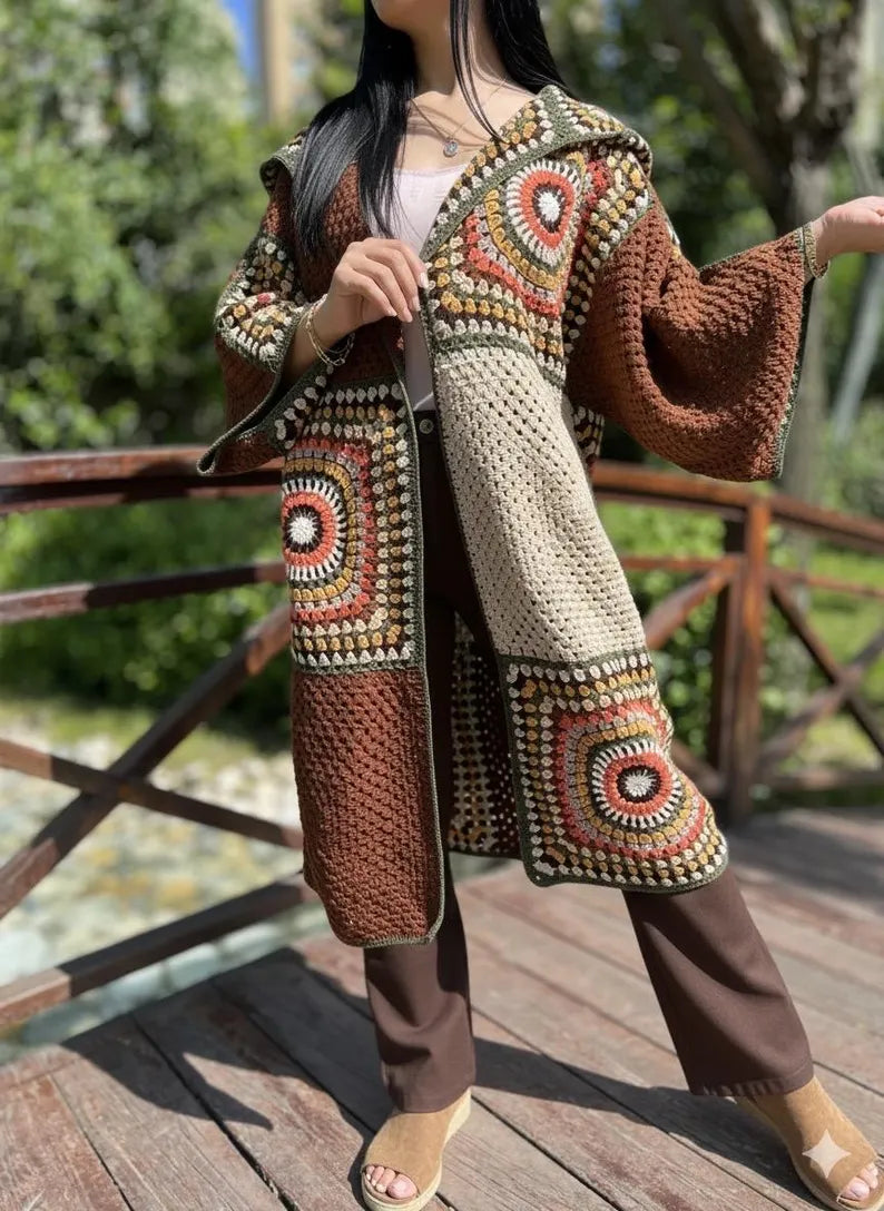 Crochet Hooded Cardigan Pattern PDF with Video Tutorial, Oversized Granny Square Coat DIY