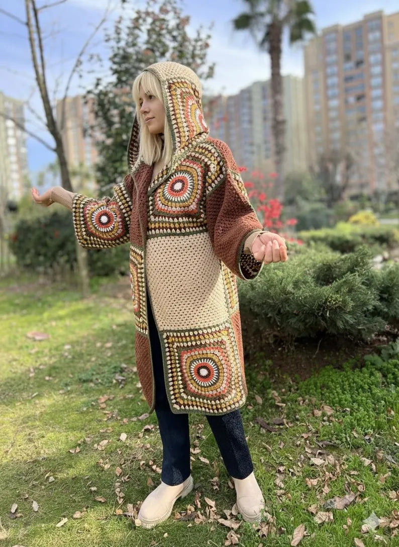 Crochet Hooded Cardigan Pattern PDF with Video Tutorial, Oversized Granny Square Coat DIY