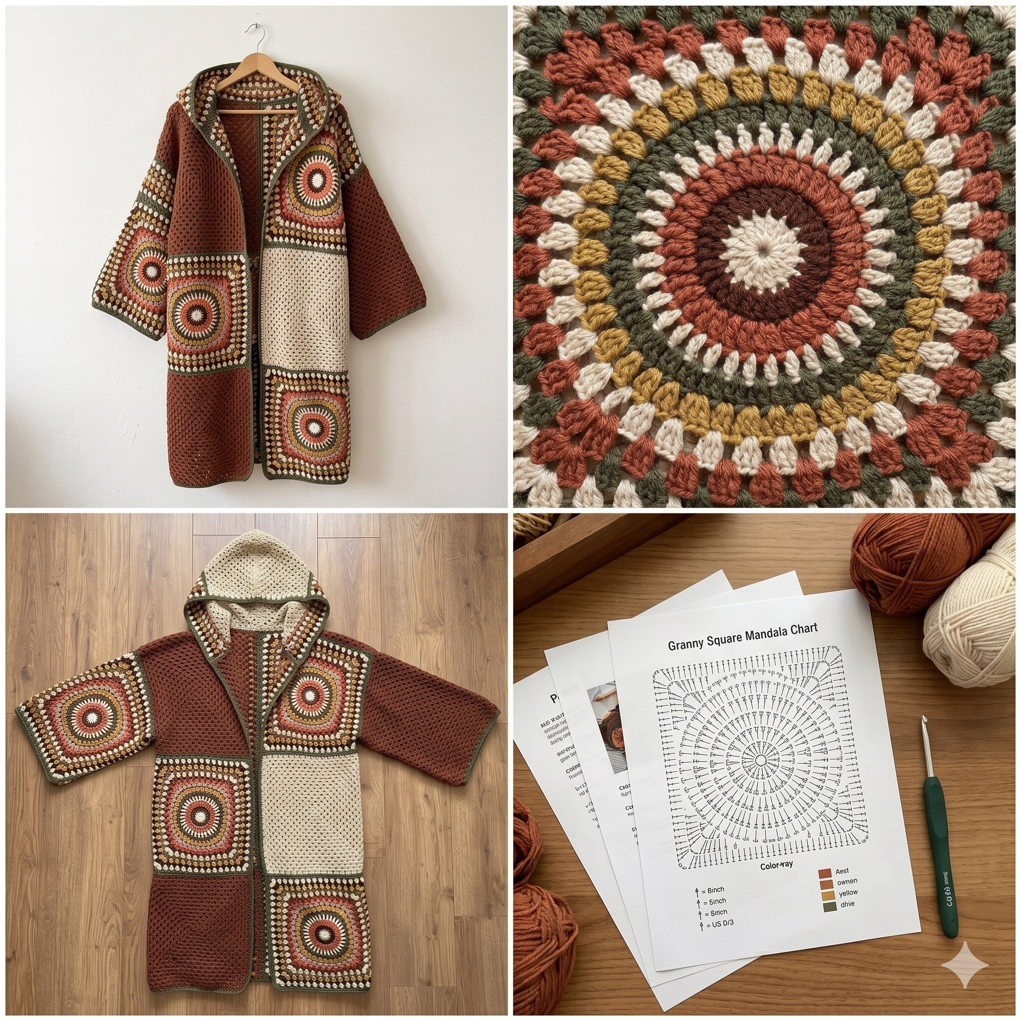 Crochet Hooded Cardigan Pattern PDF with Video Tutorial, Oversized Granny Square Coat DIY