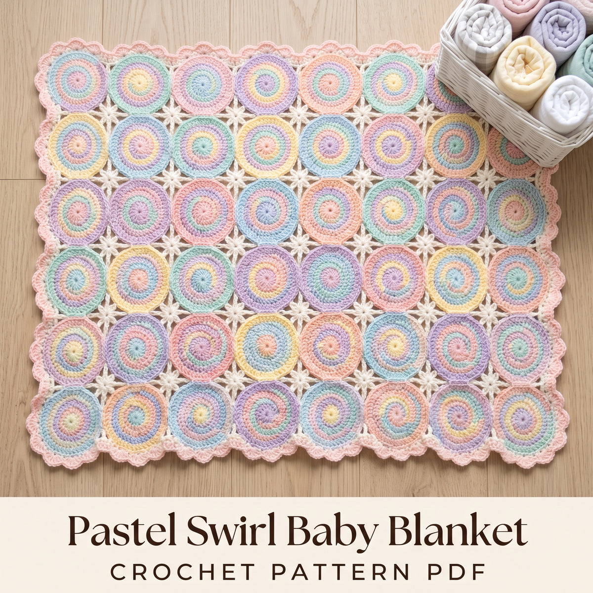 Pastel Spiral Baby Blanket Crochet Pattern PDF, Swirl Motif Baby Afghan with Star Joins, Baby Shower Gift, Instant Download