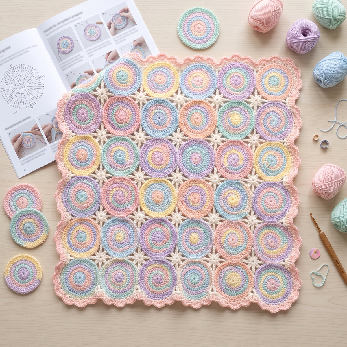 Pastel Spiral Baby Blanket Crochet Pattern PDF, Swirl Motif Baby Afghan with Star Joins, Baby Shower Gift, Instant Download