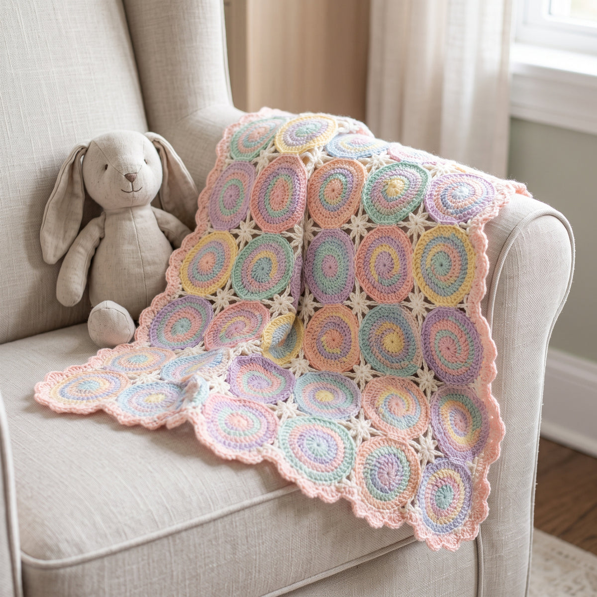 Pastel Spiral Baby Blanket Crochet Pattern PDF, Swirl Motif Baby Afghan with Star Joins, Baby Shower Gift, Instant Download