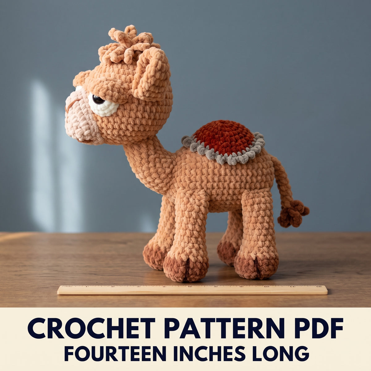 Plush Camel Amigurumi Crochet Pattern PDF โ Chenille Yarn Camel with Saddle, Sleepy Face, Step Photos