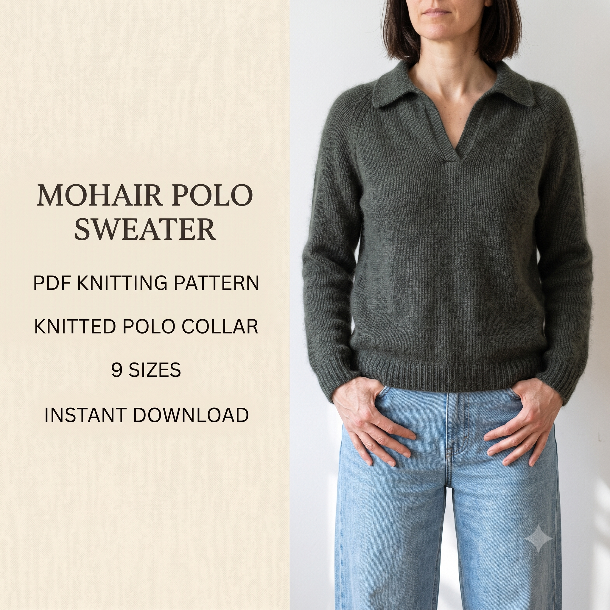 Polo Sweater Knitting Pattern PDF | Top Down Mohair Jumper with Knitted Collar | 9 Sizes | Seamless Knitting Pattern | Instant Download