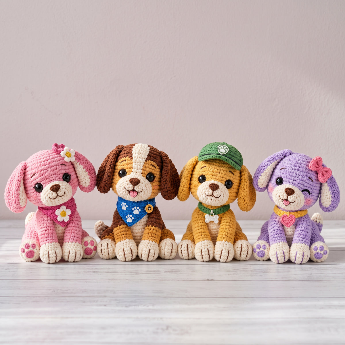 Crochet Puppy Pattern Bundle, 4 Amigurumi Dogs, Pink Daisy, Caramel, Golden and Lavender Puppy, PDF Pattern