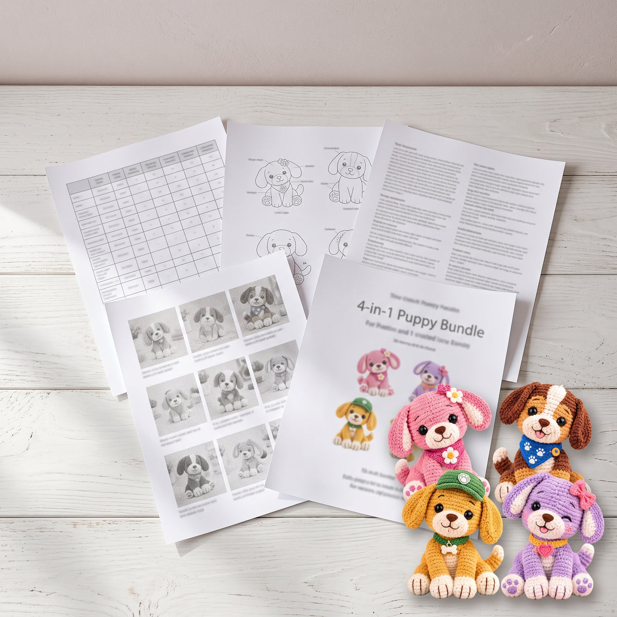 Crochet Puppy Pattern Bundle, 4 Amigurumi Dogs, Pink Daisy, Caramel, Golden and Lavender Puppy, PDF Pattern
