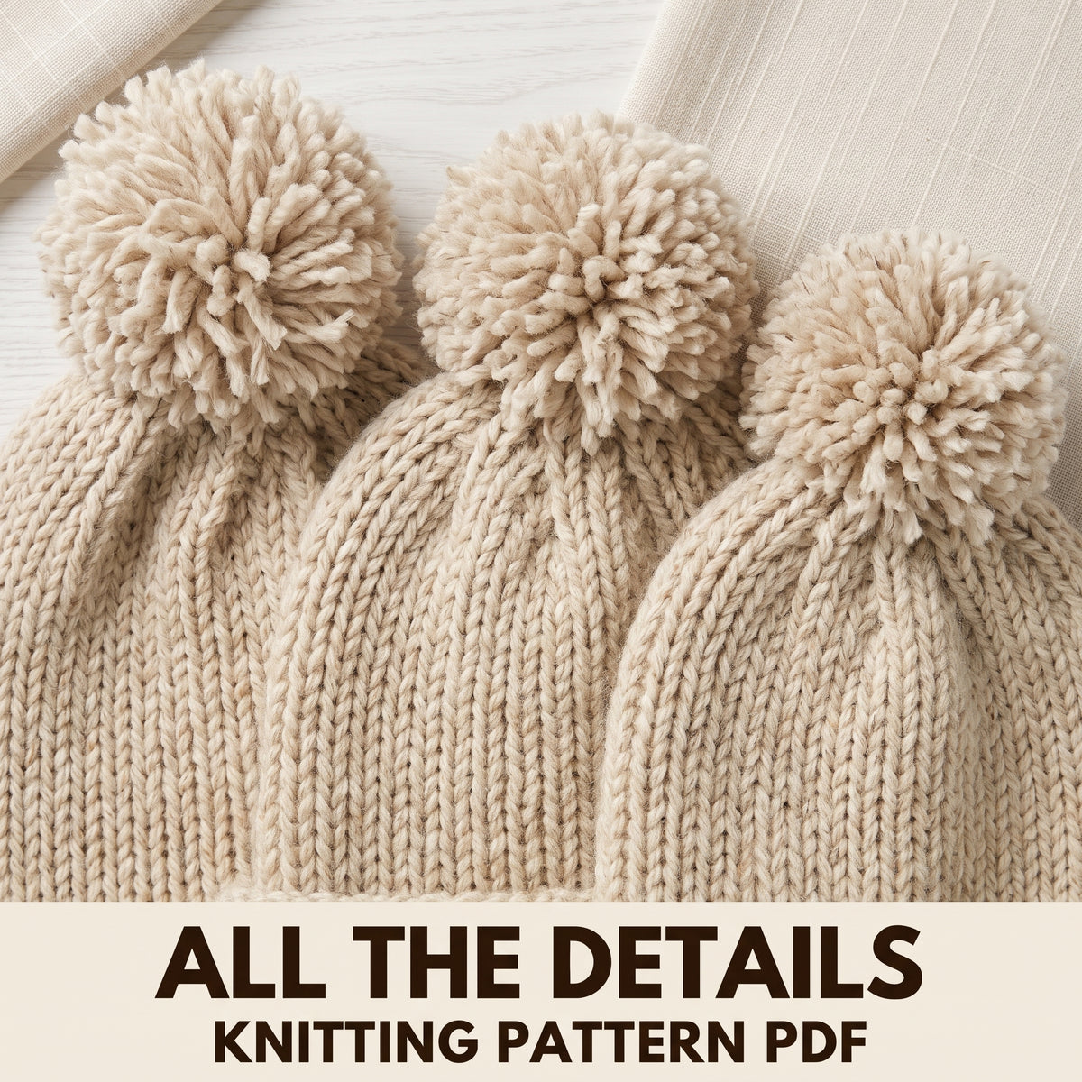 Ribbed Beanie Knitting Pattern PDF, Pompom Hat in 3 Sizes, Toddler 2–4, Child 8–10 and Adult, Beginner Friendly