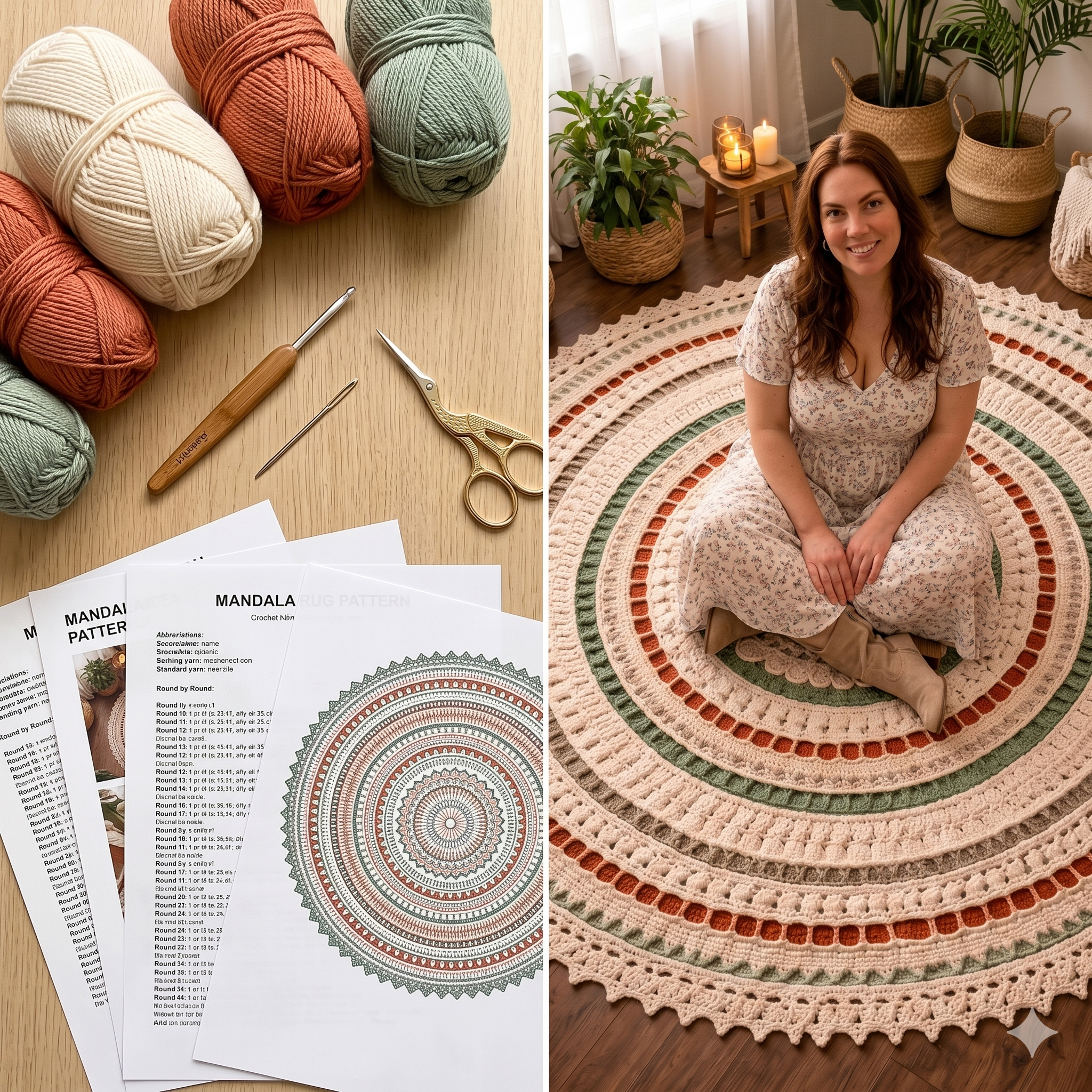 Giant Mandala Crochet Pattern | Boho Floor Decor, Round Rug Tutorial (Digital instructions)