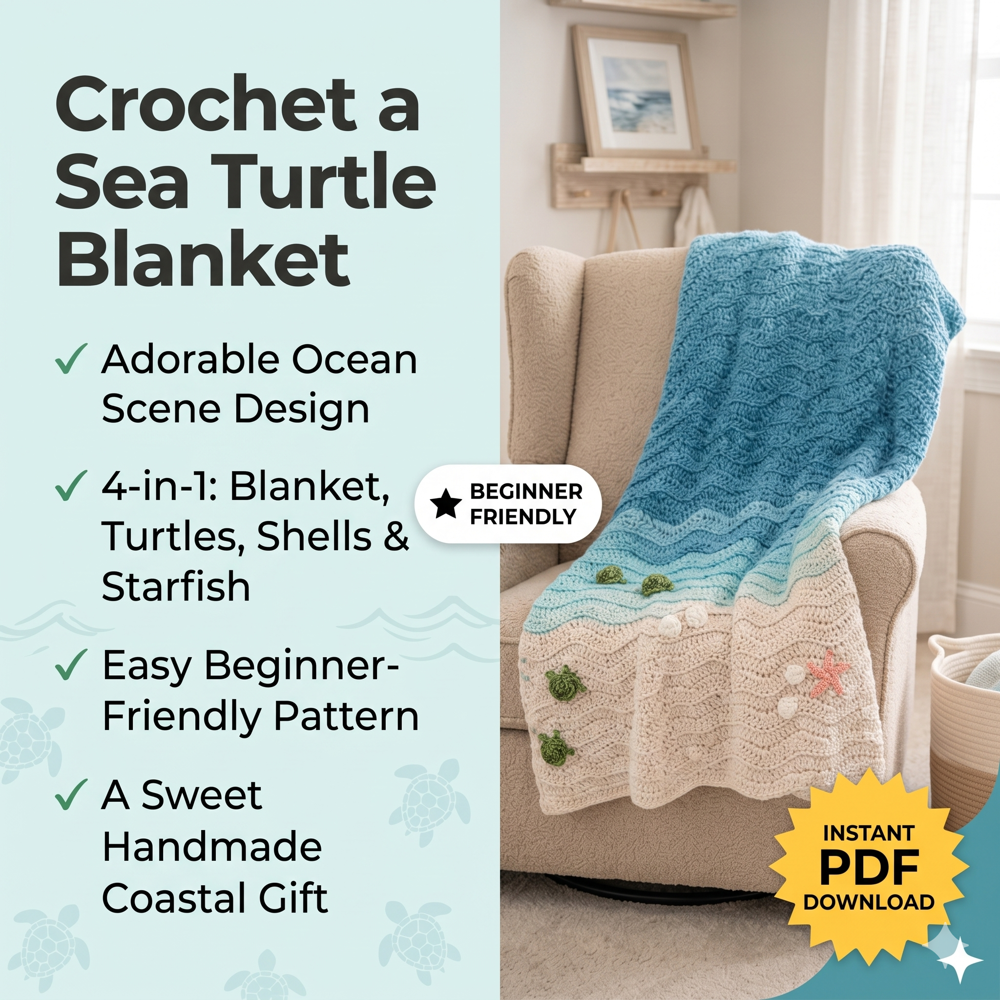 Sea Turtle Crochet Blanket Pattern, Ocean Afghan, Crochet Pattern, Instant Download Pattern, Ocean Blanket Pattern, DIY Sea Turtle Blanket,