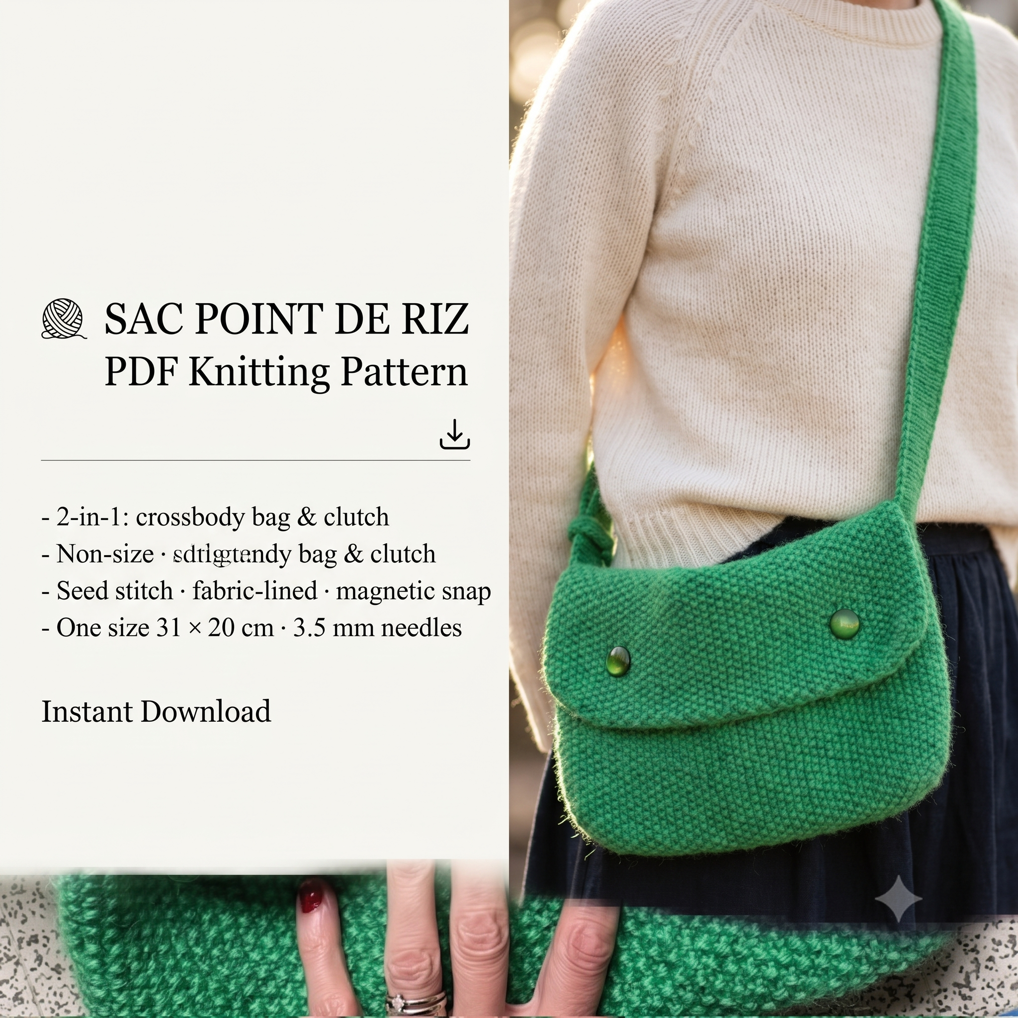 Seed Stitch Bag Knitting Pattern – PDF Knit Crossbody Bag & Clutch – Adjustable Strap Belt Bag – 31×20 cm – Instant Download