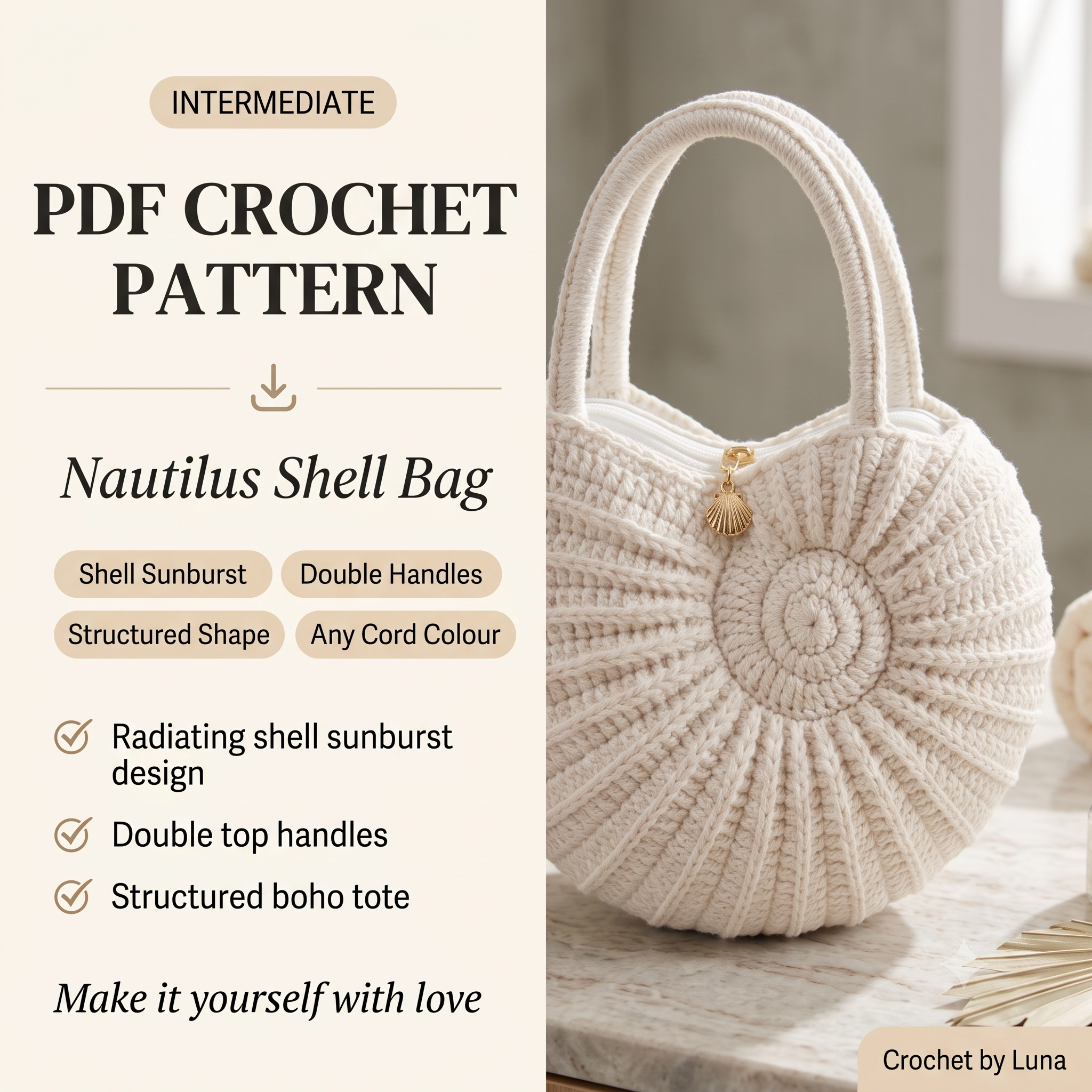 Shell Bag Crochet Pattern PDF | Nautilus Sunburst Tote Pattern, Boho Seashell Purse, Beginner Friendly, US Terms, Instant Download