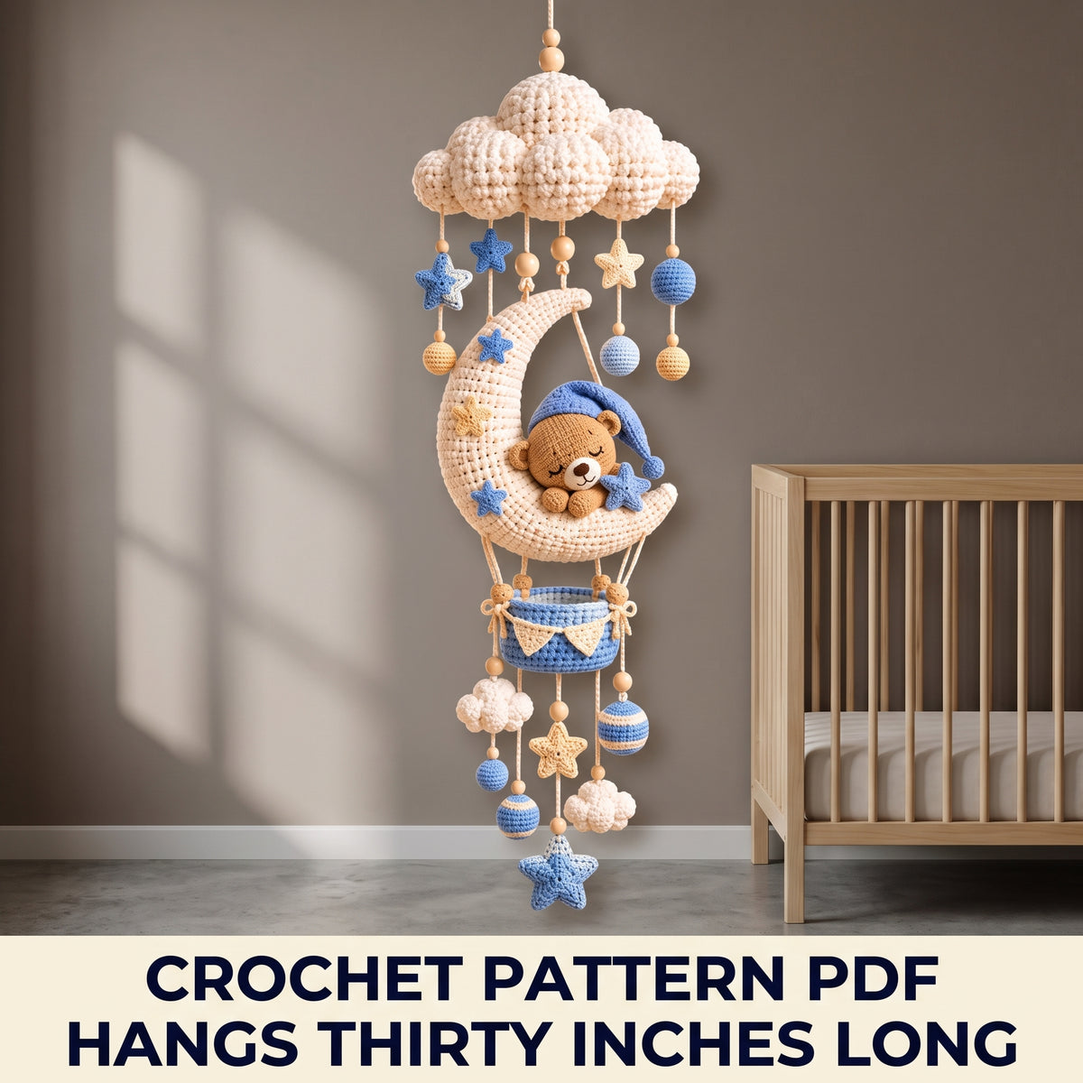 Sleeping Teddy Moon Nursery Hanging Crochet Pattern PDF β Cloud Canopy, Stars and Basket, US Terms