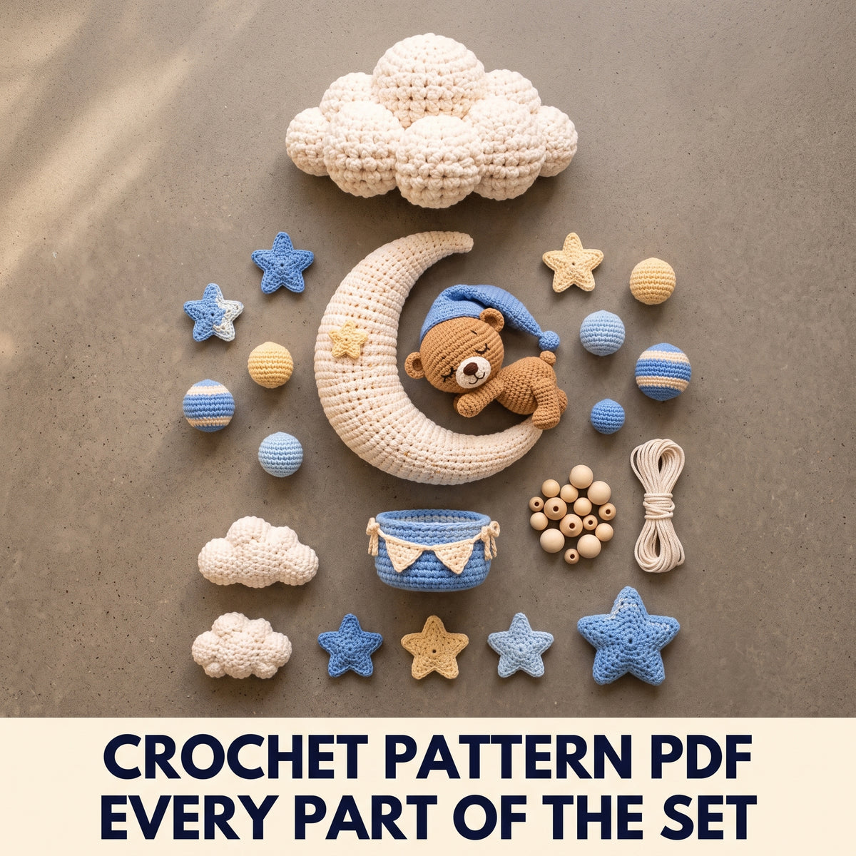 Sleeping Teddy Moon Nursery Hanging Crochet Pattern PDF β Cloud Canopy, Stars and Basket, US Terms