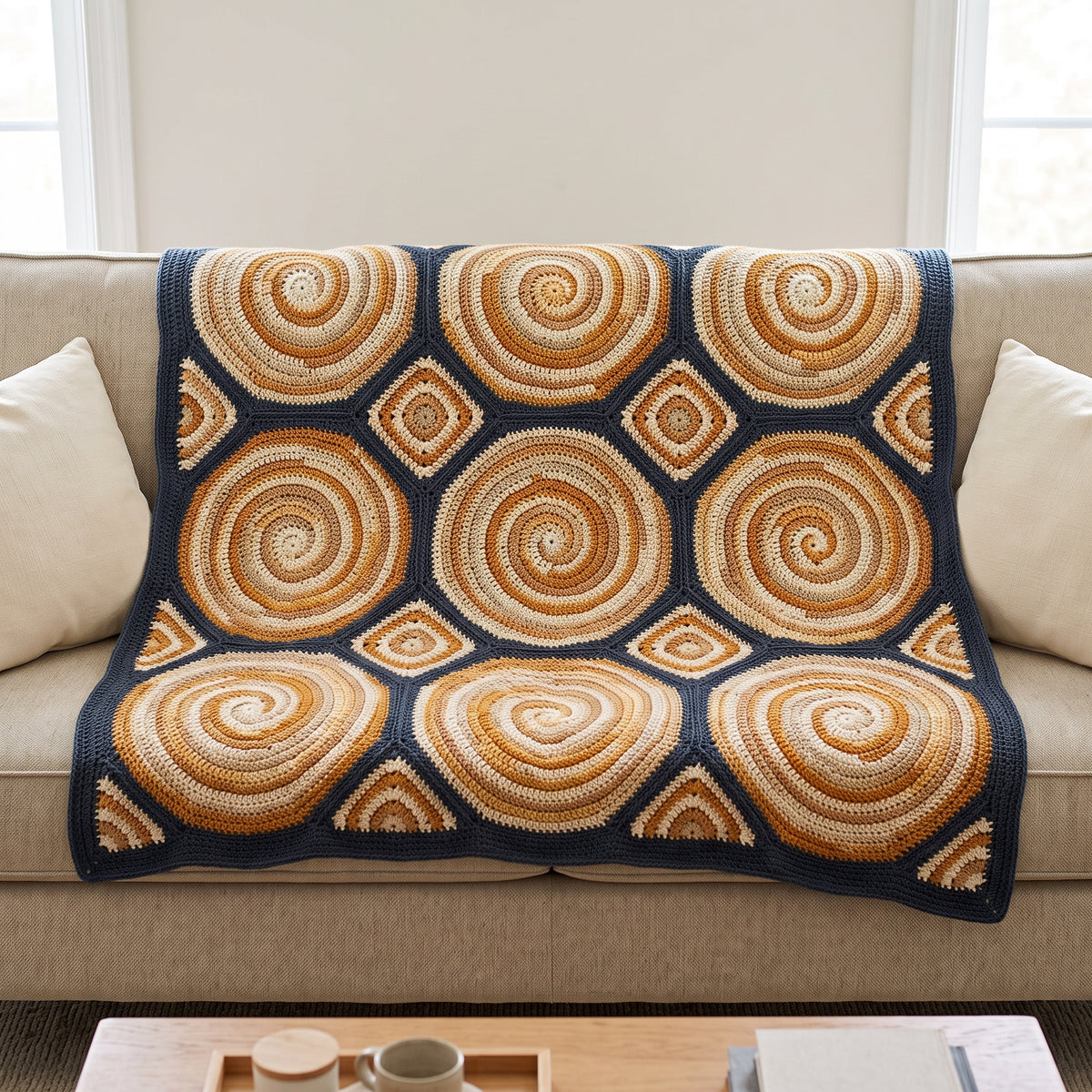Spiral Motif Crochet Afghan Pattern | Optical Swirl Blanket with Square Fillers | 42 x 60.5 in | Instant Download PDF Pattern