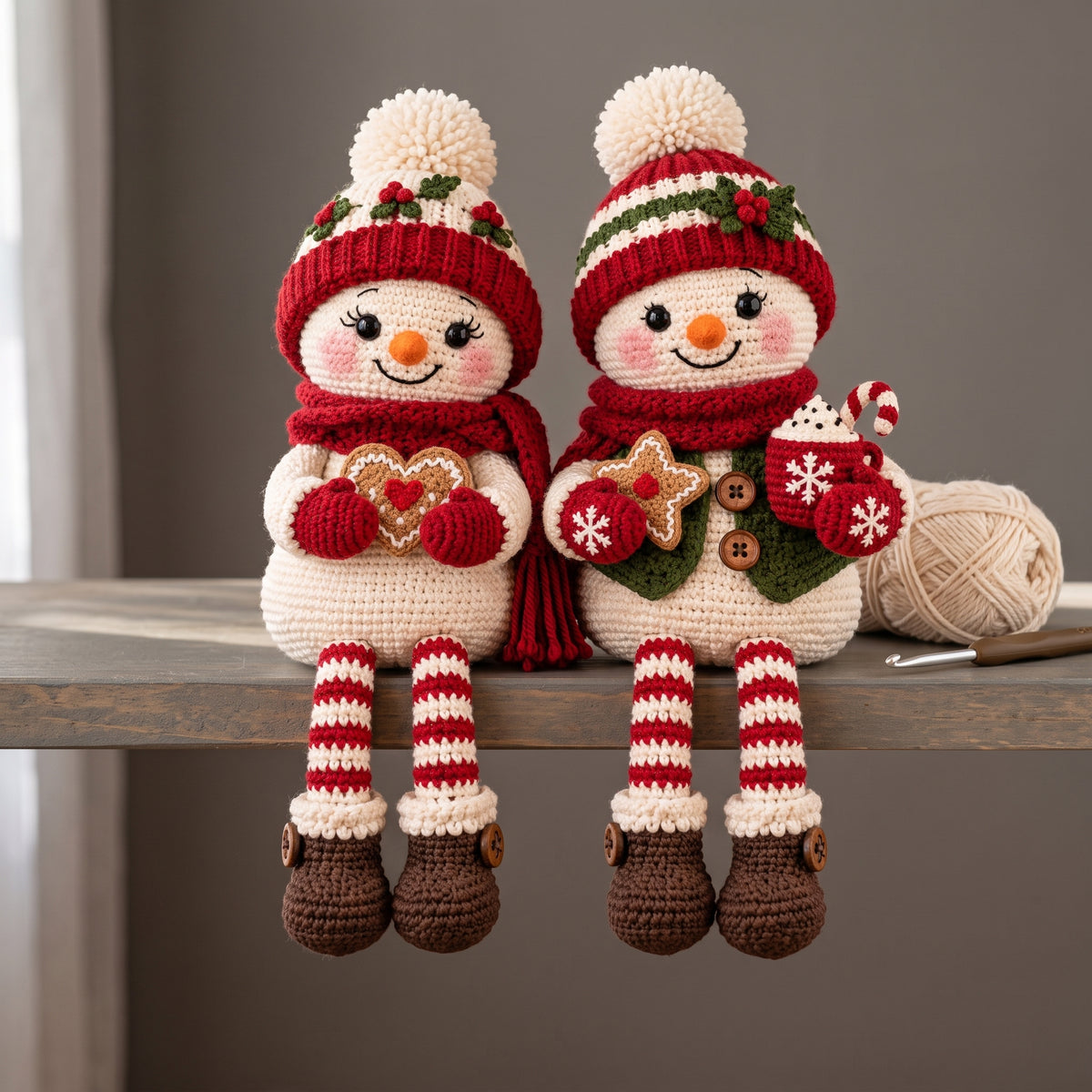 Snowman Shelf Sitter Crochet Pattern PDF, Christmas Snowman Couple with Long Striped Legs, Amigurumi, 4 Languages
