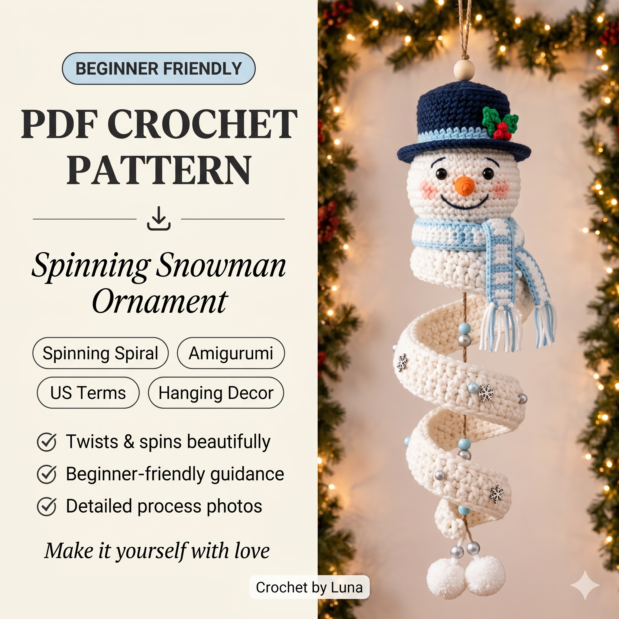 Spinning Snowman Crochet Pattern PDF | Christmas Amigurumi Ornament, Twister Snowman Holiday Decor, Beginner, US Terms, Instant Download