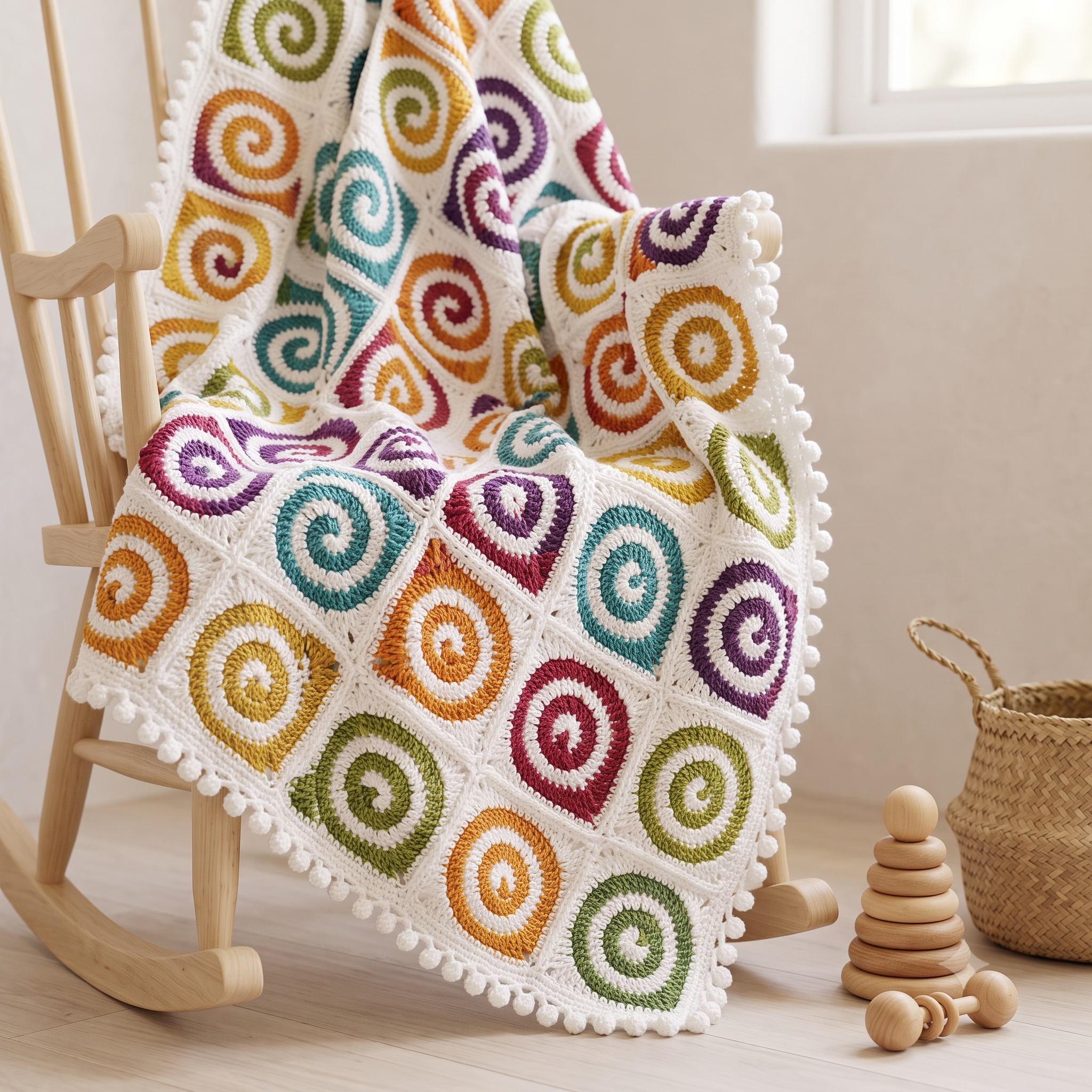 Spiral Granny Square Baby Blanket Crochet Pattern PDF | Join As You Go Blanket | Pom Pom Edging | DK Weight | Instant Download