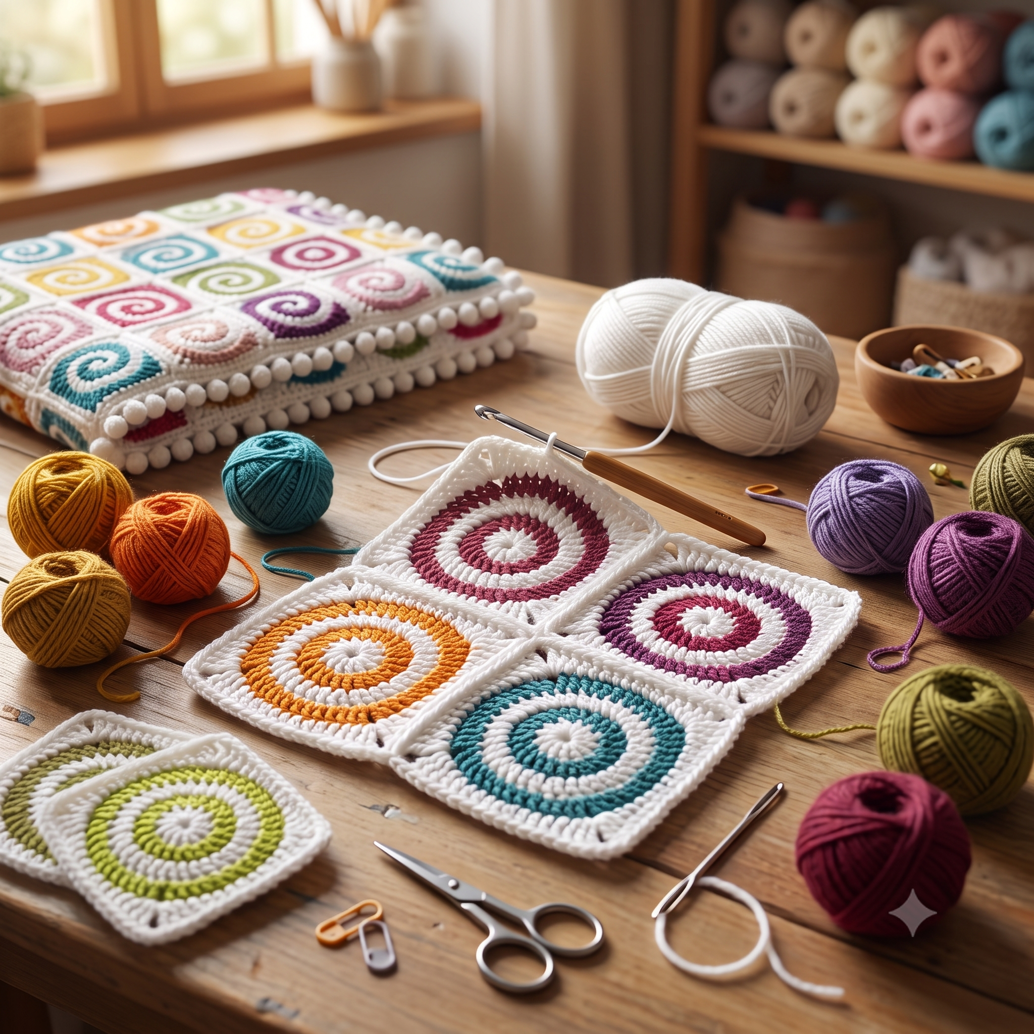 Spiral Granny Square Baby Blanket Crochet Pattern PDF | Join As You Go Blanket | Pom Pom Edging | DK Weight | Instant Download