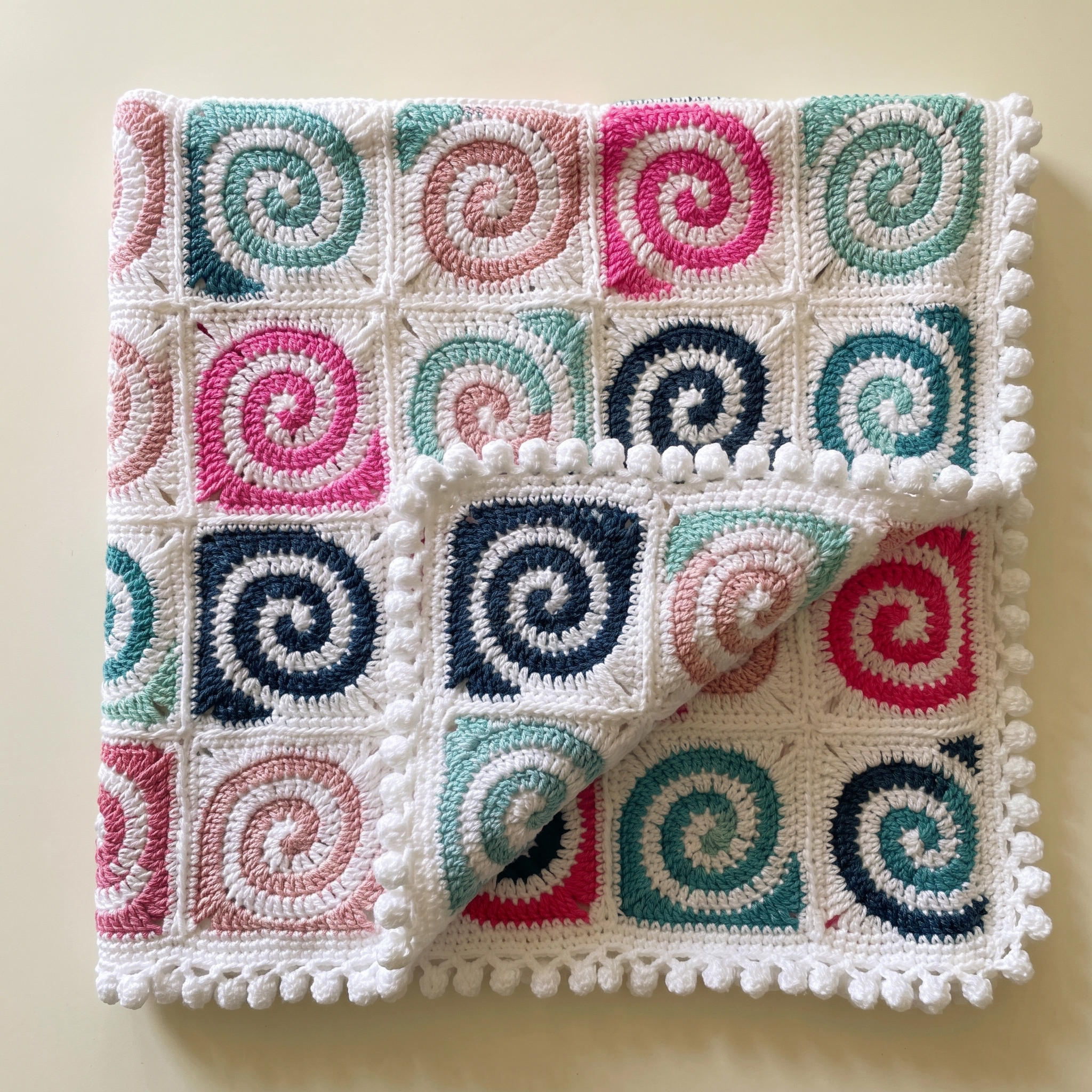 Spiral Granny Square Baby Blanket Crochet Pattern PDF | Join As You Go Blanket | Pom Pom Edging | DK Weight | Instant Download