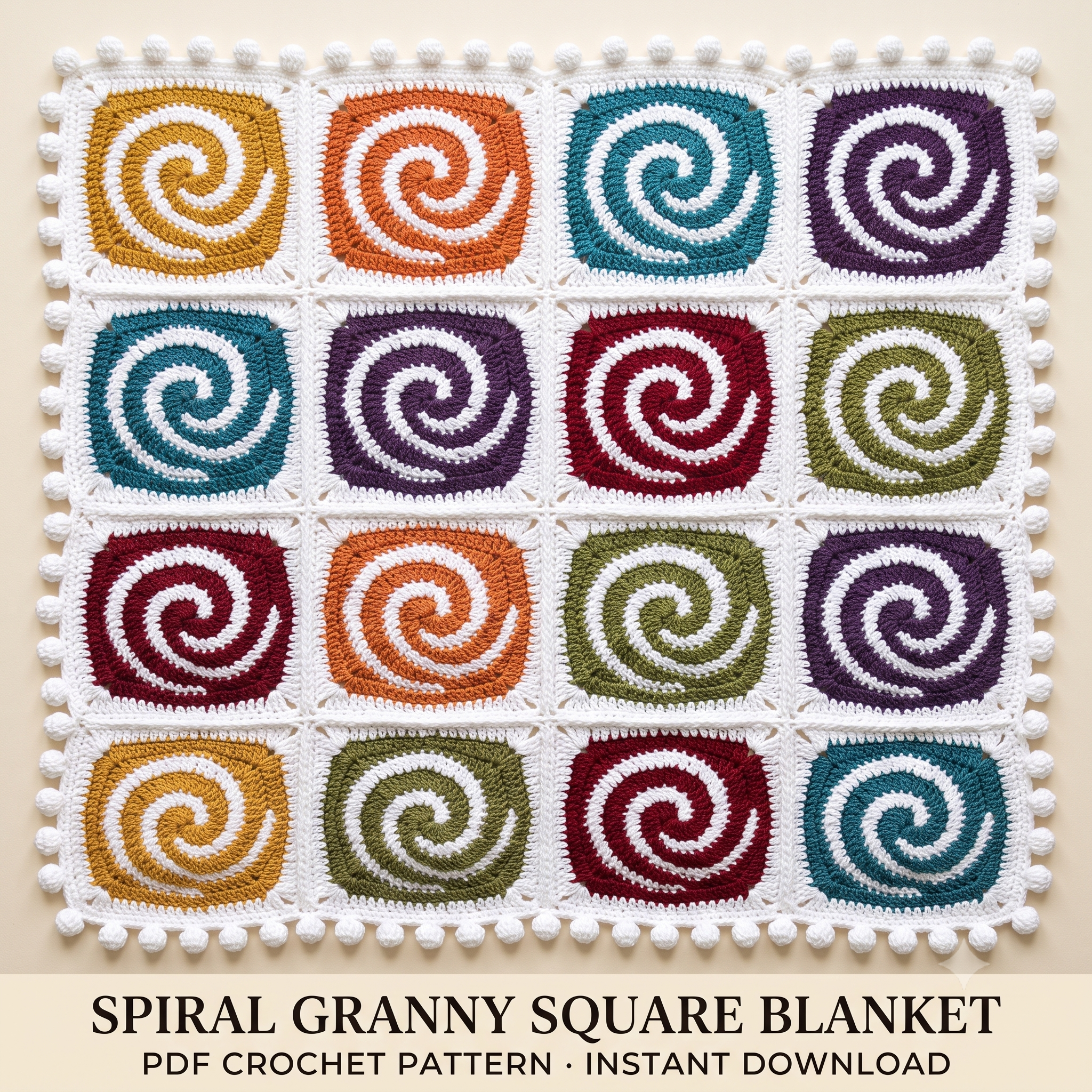 Spiral Granny Square Baby Blanket Crochet Pattern PDF | Join As You Go Blanket | Pom Pom Edging | DK Weight | Instant Download