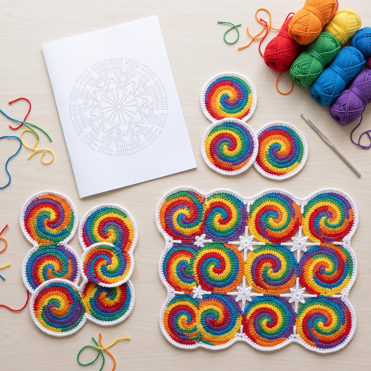 Spiral Swirl Coasters and Placemats Crochet Pattern PDF, Rainbow Motif Table Set, Quick Scrap Yarn Project