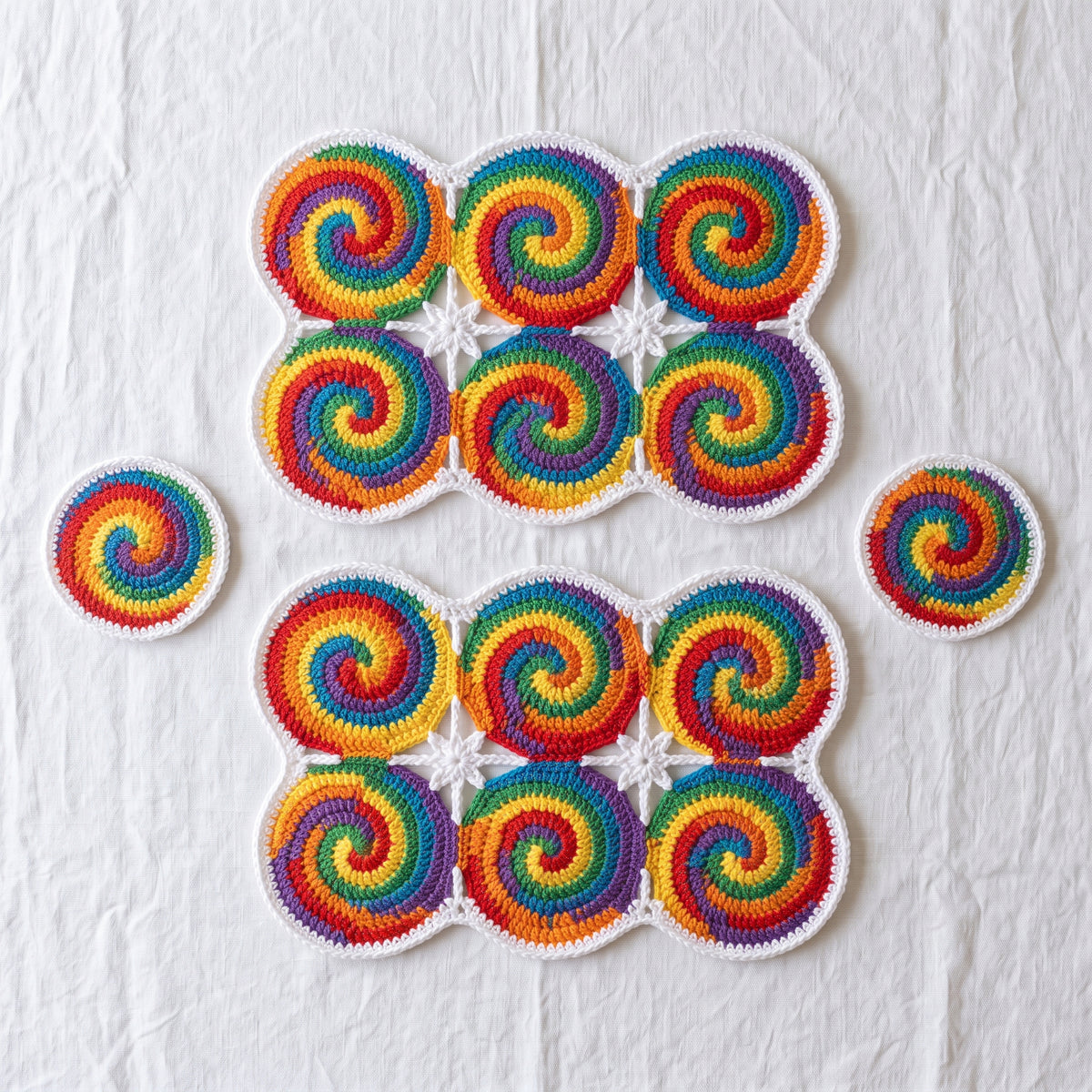 Spiral Swirl Coasters and Placemats Crochet Pattern PDF, Rainbow Motif Table Set, Quick Scrap Yarn Project