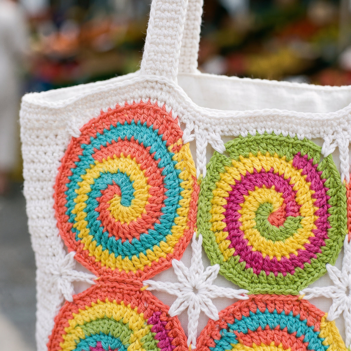 Spiral Swirl Tote Bag Crochet Pattern PDF, Motif Market Bag with Star Joins, Colorful Summer Beach Tote