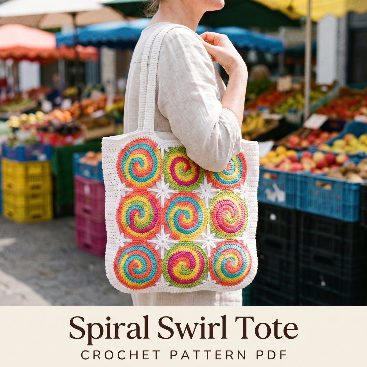 Spiral Swirl Tote Bag Crochet Pattern PDF, Motif Market Bag with Star Joins, Colorful Summer Beach Tote